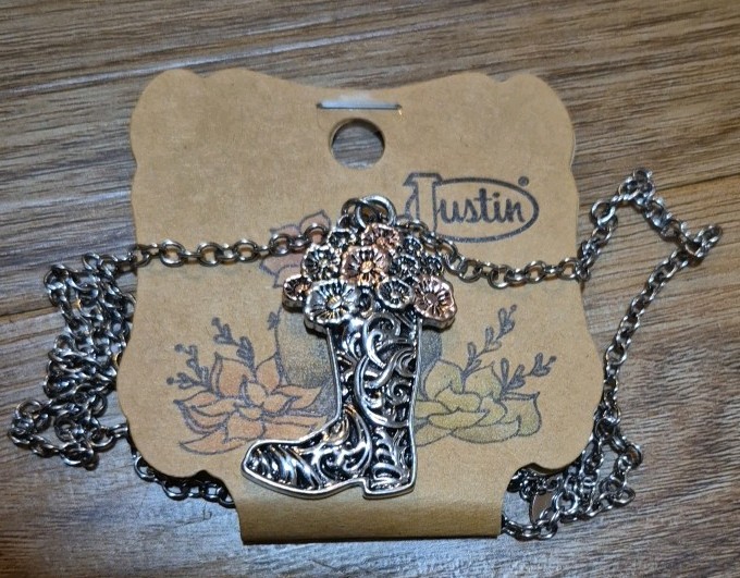 Justin Necklace Boot Charm with Flowers Long Chain Western Jewelry NWT