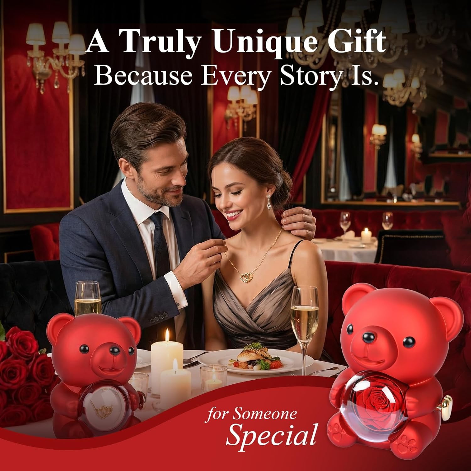 Romantic Hug Teddy Bear with Necklace, Preserved Red Rose, Gift Box for Women