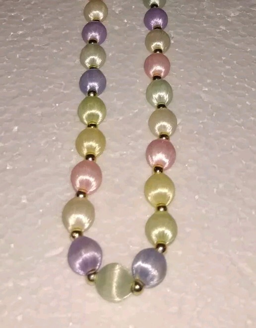 2 Necklaces W/ Silk Satin Thread Over Beads 28″ In Pastel Blue & Multicolors.