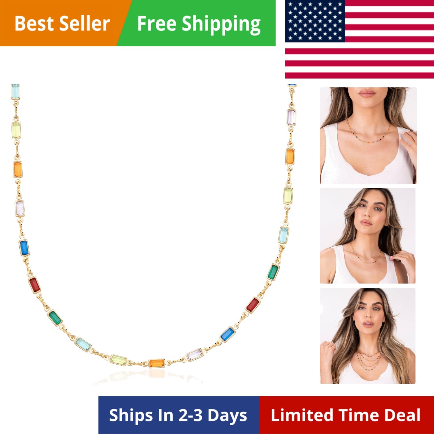 18K Gold Plated Multi Stone Crystal Baguette Necklace for Women – Made In Brazil