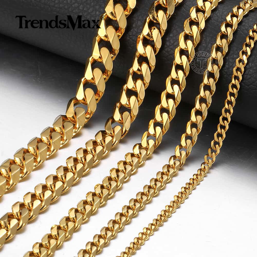3/5/7/9/11mm Gold Plated Stainless Steel Curb Cuban Chain Necklace/Bracelet Men