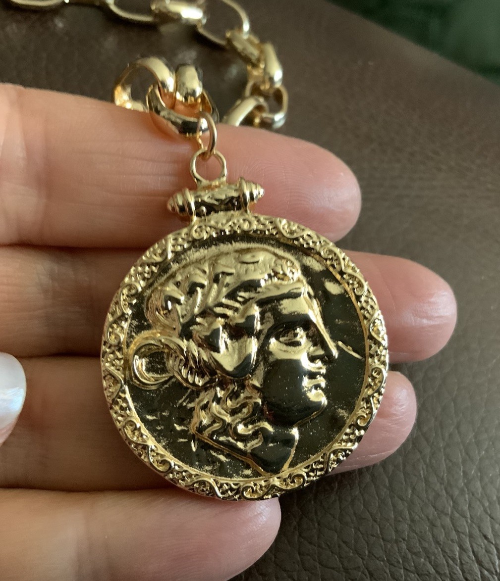 Chico’s Coin Gold Medallion Chain Necklace Greek Roman Statement Boho Portrait