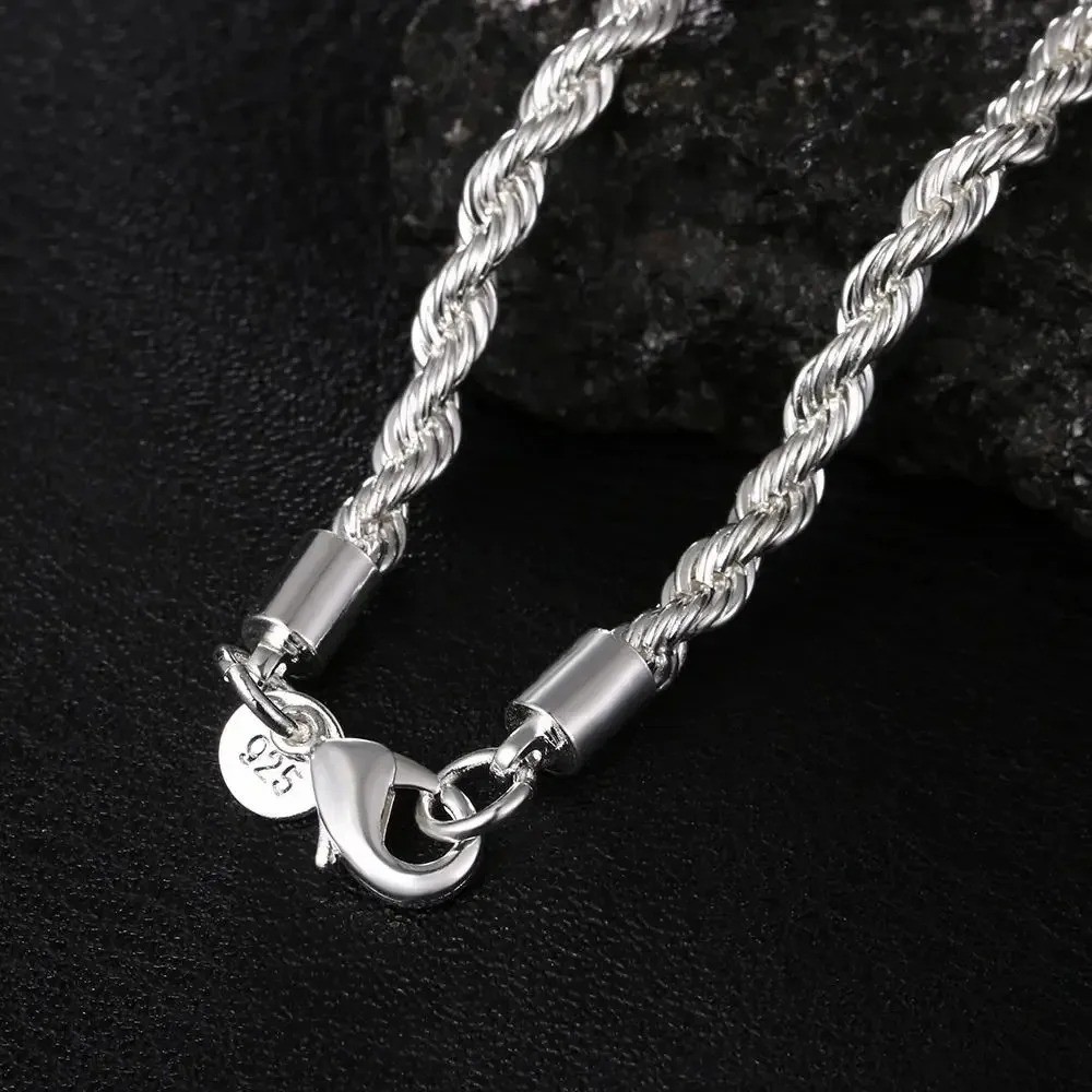 4mm Diamond Cut Solid 925 Sterling Silver Italian Rope Chain Men’s Necklace USA