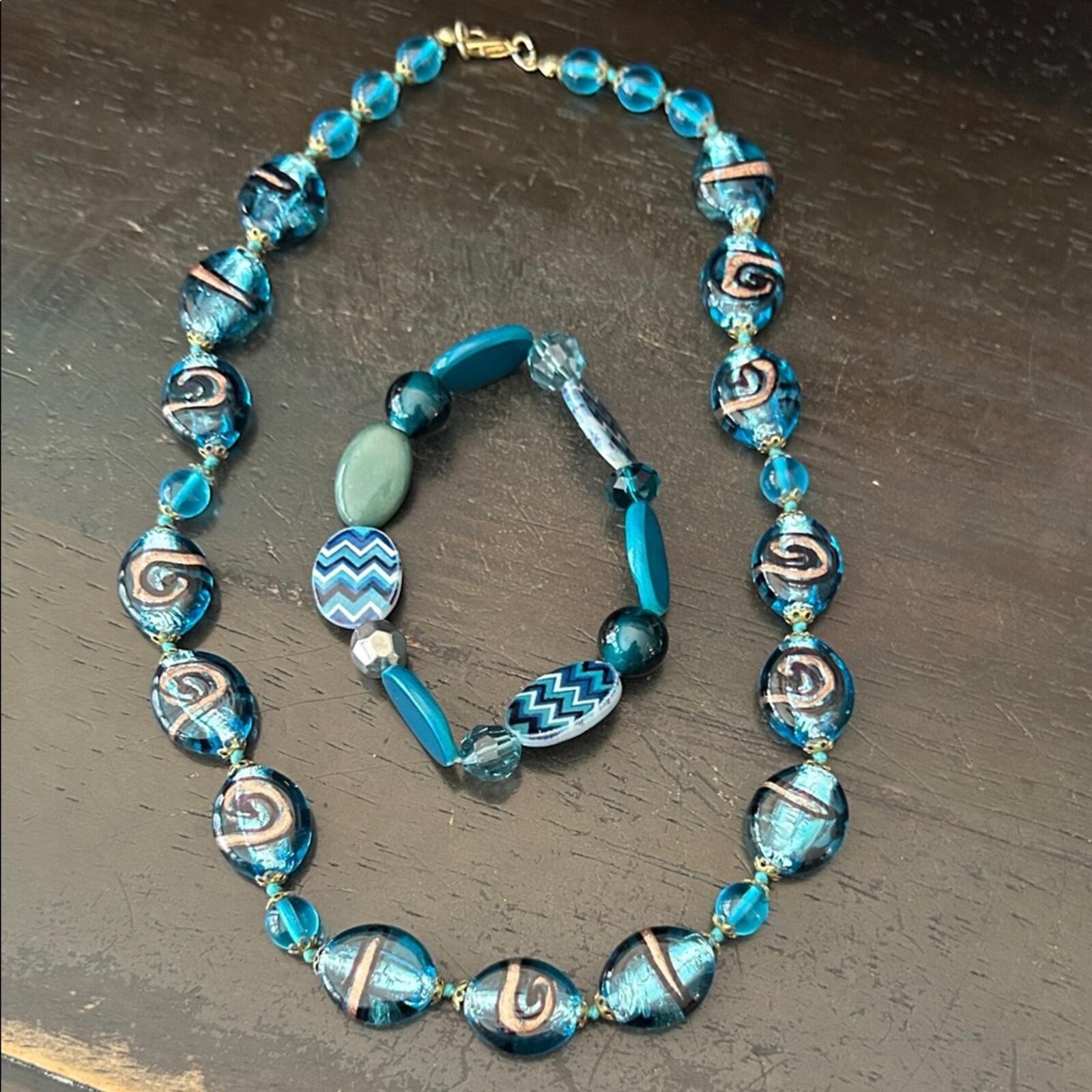 Blue Beaded Necklace and Bracelet Set