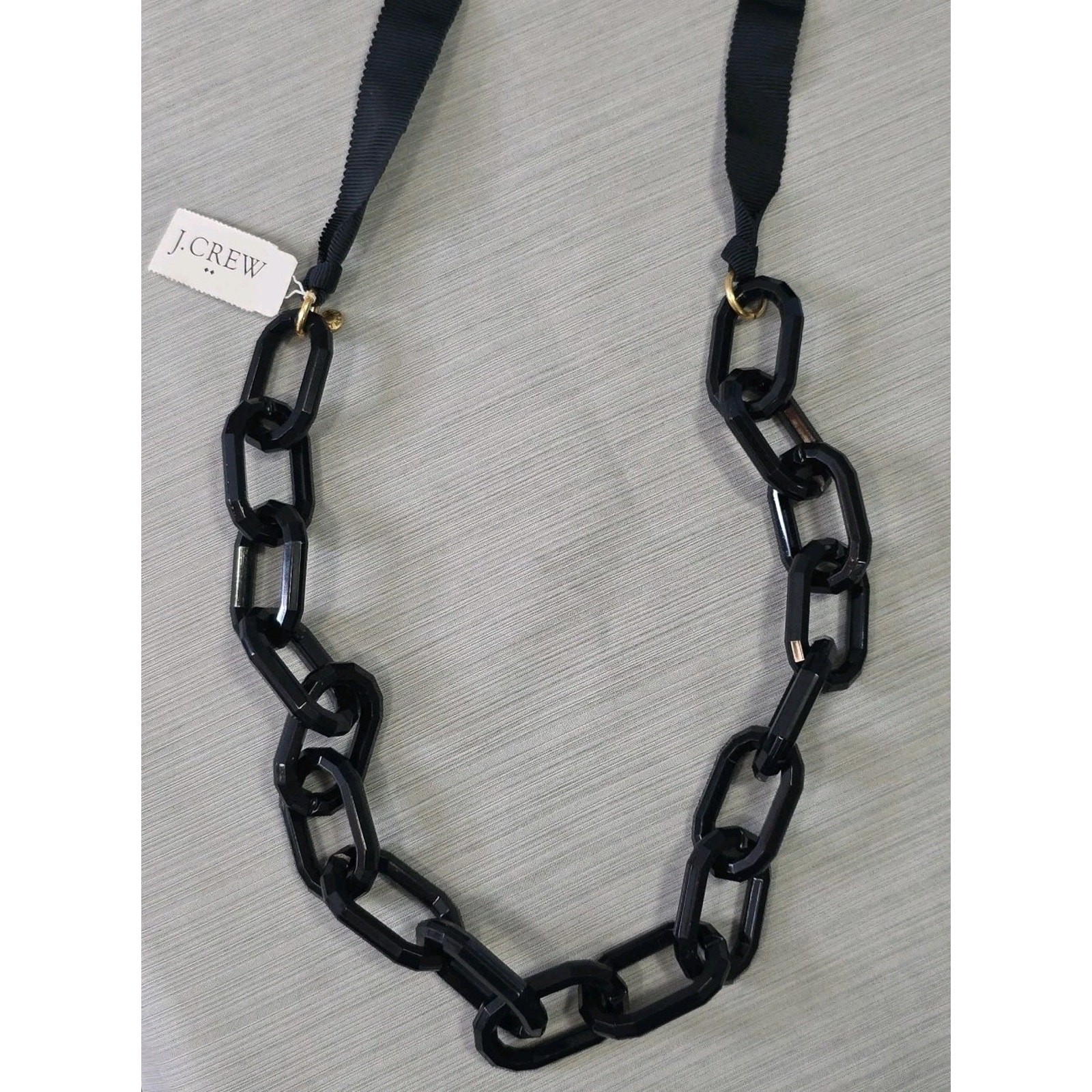 J. Crew Signed Chunky Blue-Black Acrylic Chain Link Necklace Ribbon Tie Back NWT