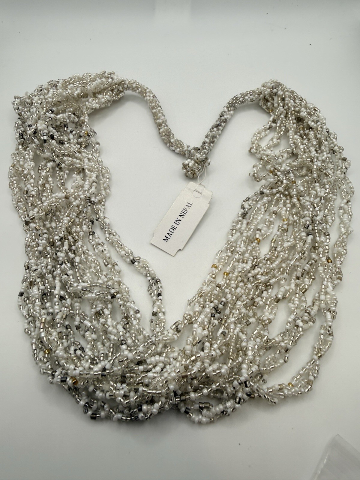 Seed Bead Necklace White Silver Made in Nepal Multi Strand Button Closure 22”