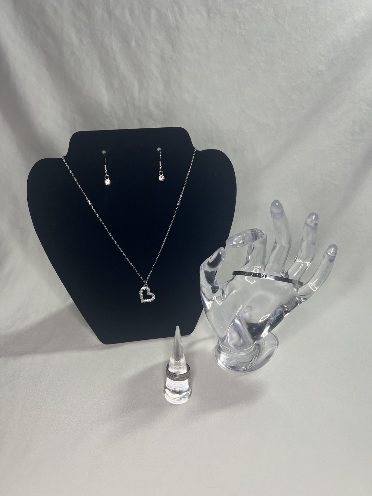 925 Sterling Silver LOVE Cuff Bracelet, Rhinestone Heart Necklace & Earrings