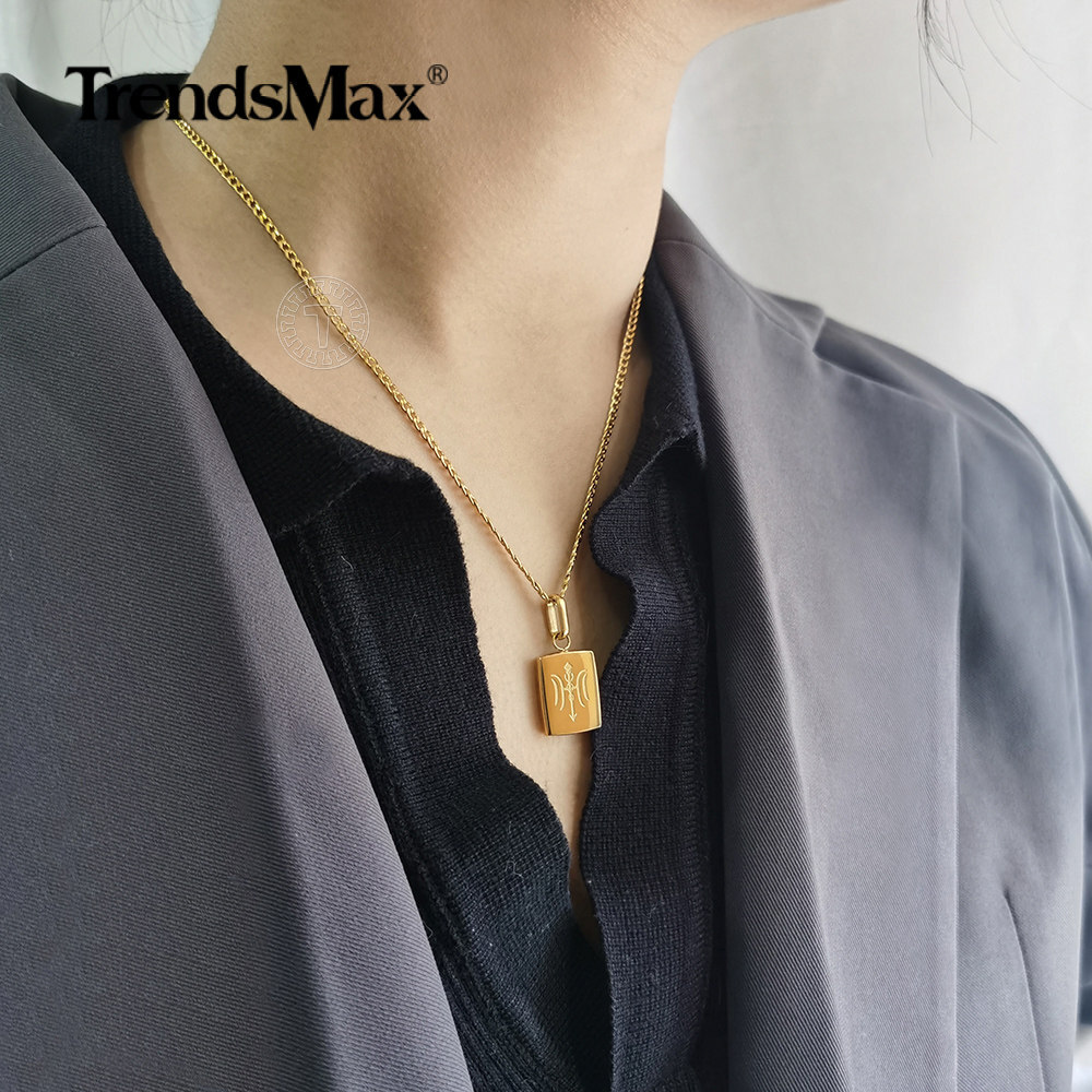 Gold Plated Stainless Steel Square Pendant Charm Necklace Multi Chain New Design