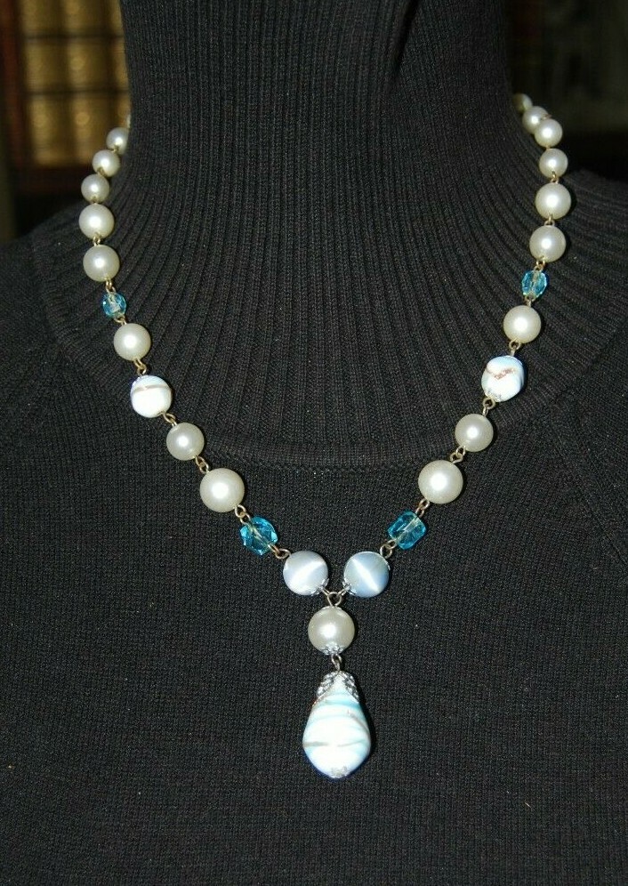 Vtg MCM Japan Light Blue Acrylic Beads And Venetian Style Glass Beads Necklace