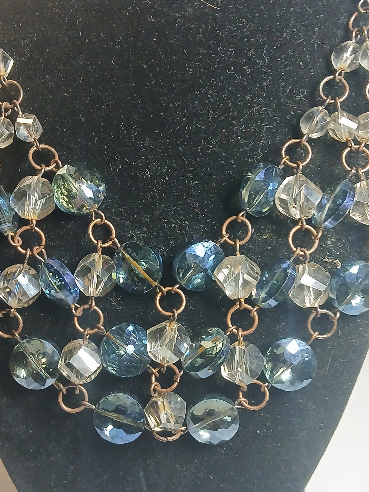 3 tiered gold tone chain with clear & blue glass dangling crystal necklace