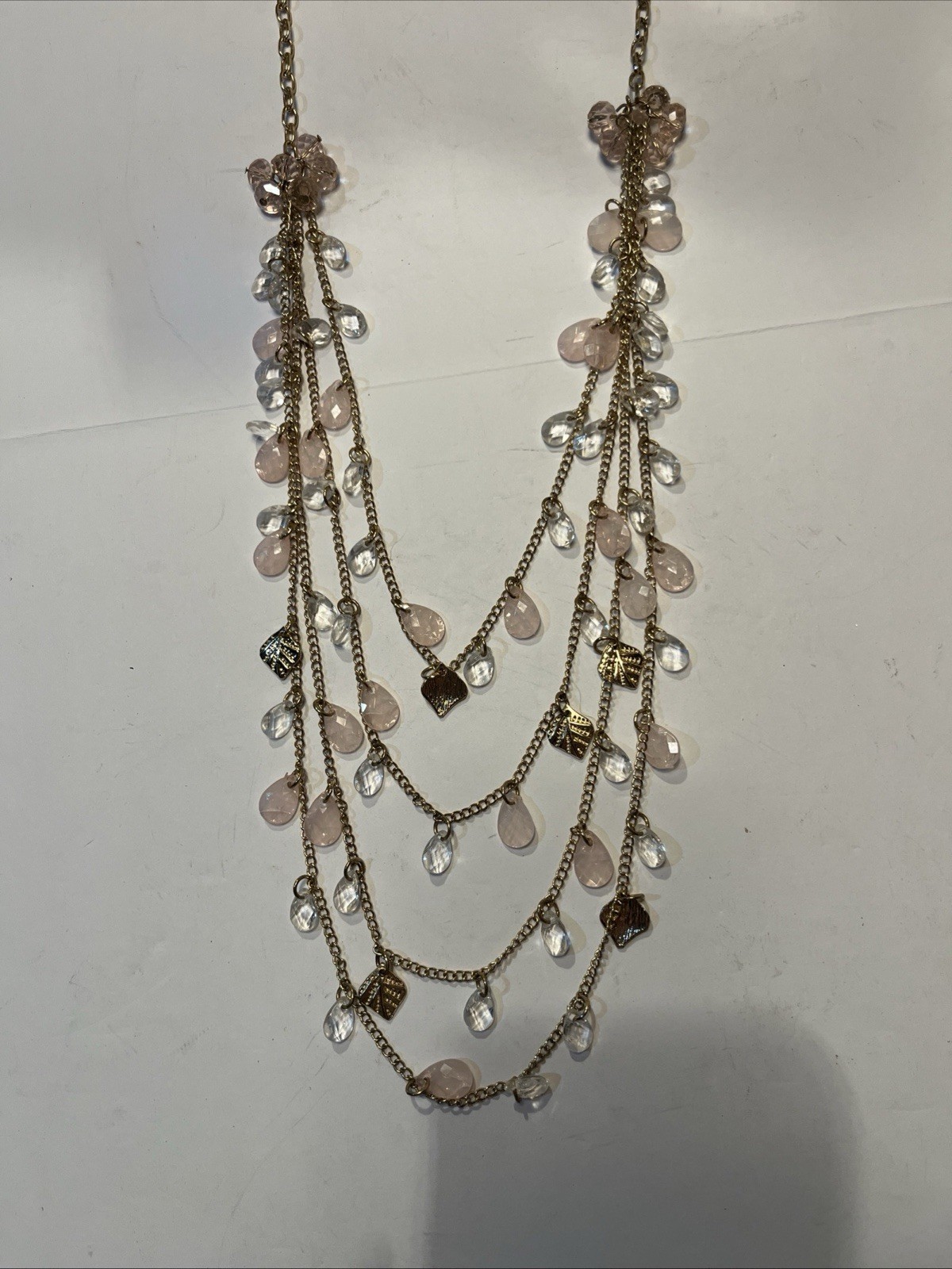 Gold Faux Pink And White Stone Necklace 18”