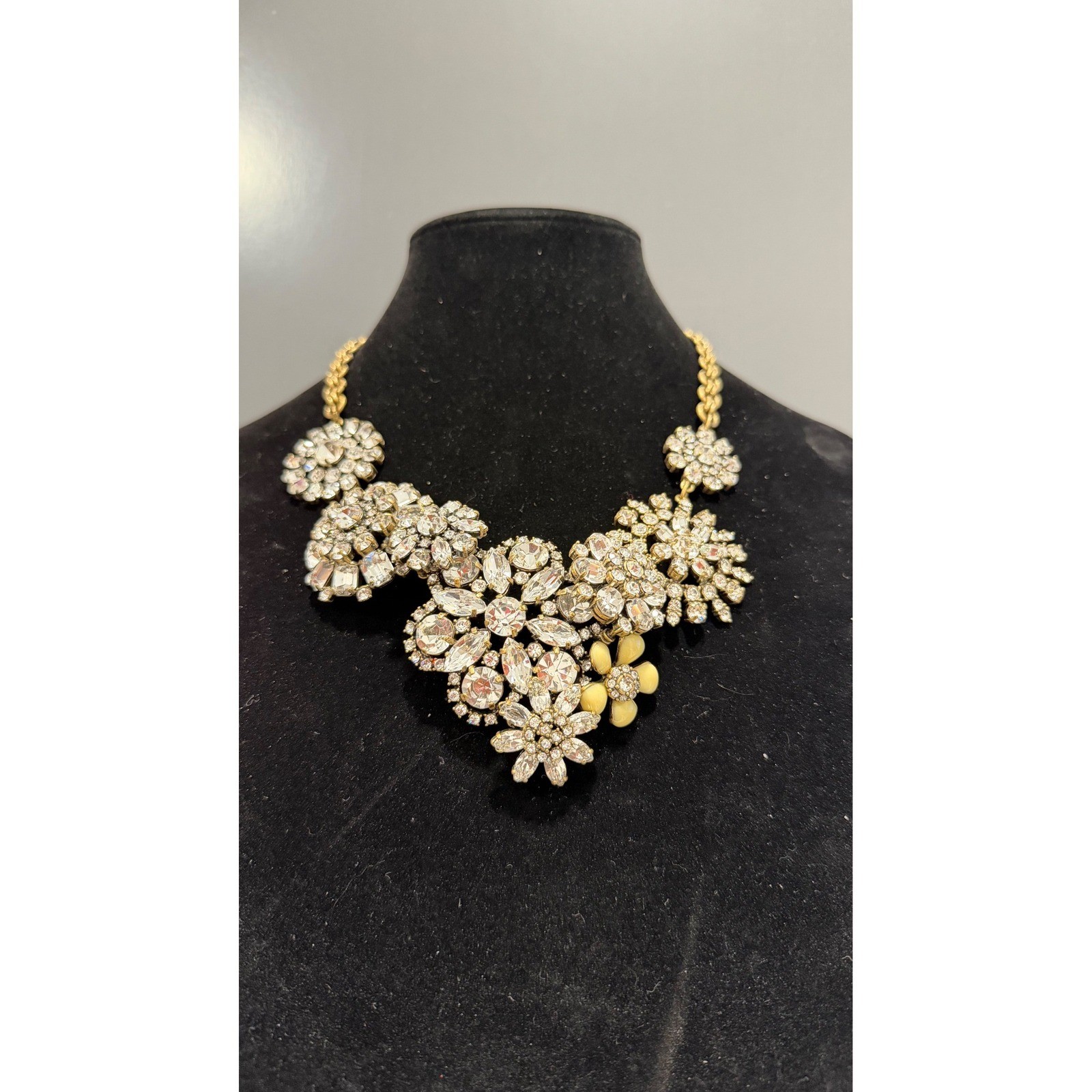 J.Crew Crystal Floral Statement Necklace Gold Tone Rhinestone Bib Wedding