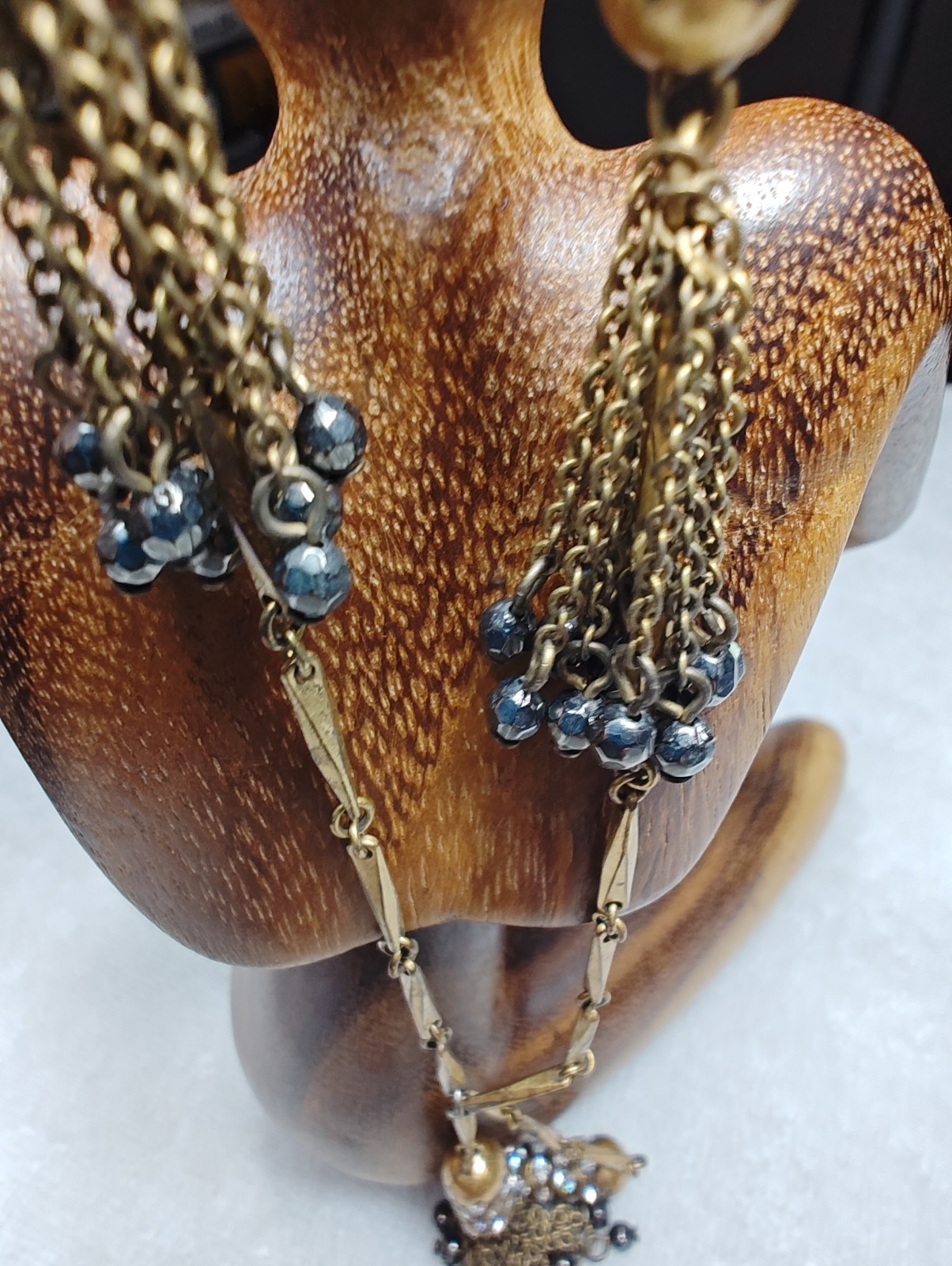 J Crew Brass Crystal Lariat Necklace Black Beads Round Rhinestone Tassel Pendant