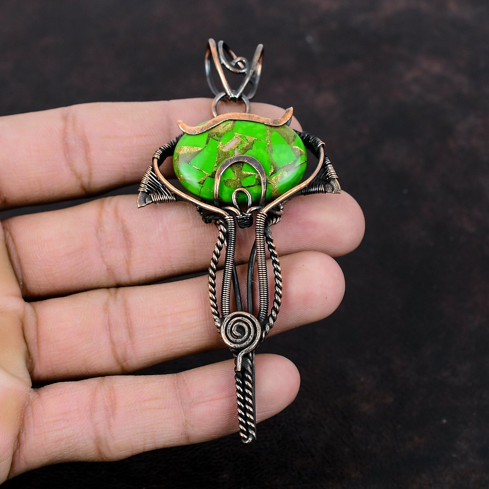 Women’s Day Sale Green Turquoise Copper Mother Gift Wire Wrapped Pendant 3.86″