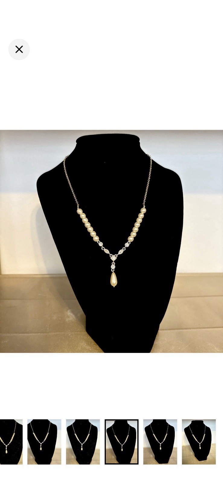 Elegant Vintage Imitation Pearl Teardrop Pendant Necklace w/ Rhinestones