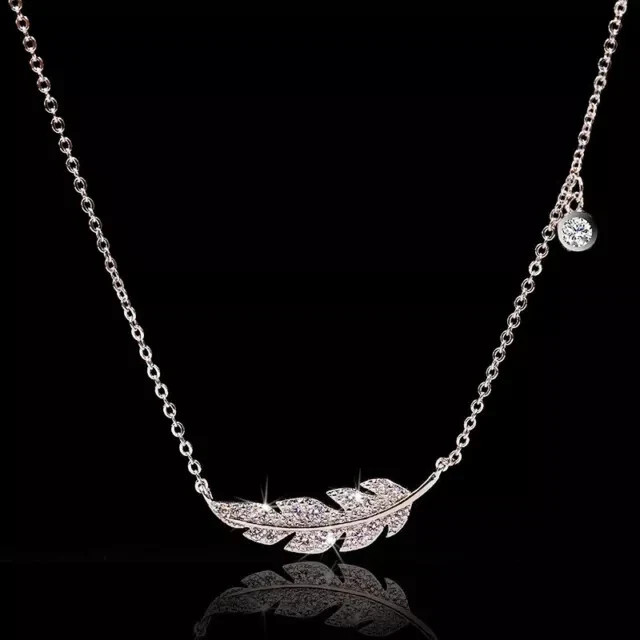 Women’s 1Ct Round Simulated Diamond Leaf Pendant Necklace 14K White Gold Plated
