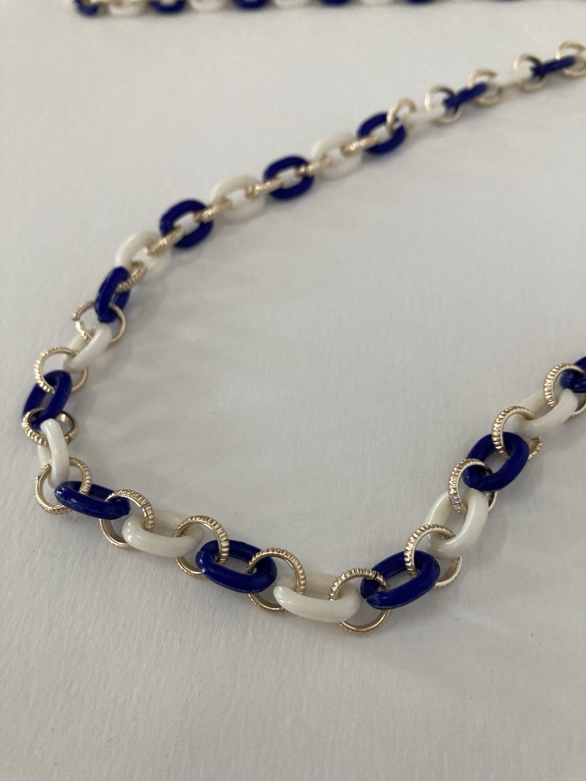 Blue, White And Gold Tone Rings, Necklace Spring Ring Clasp 51” Long