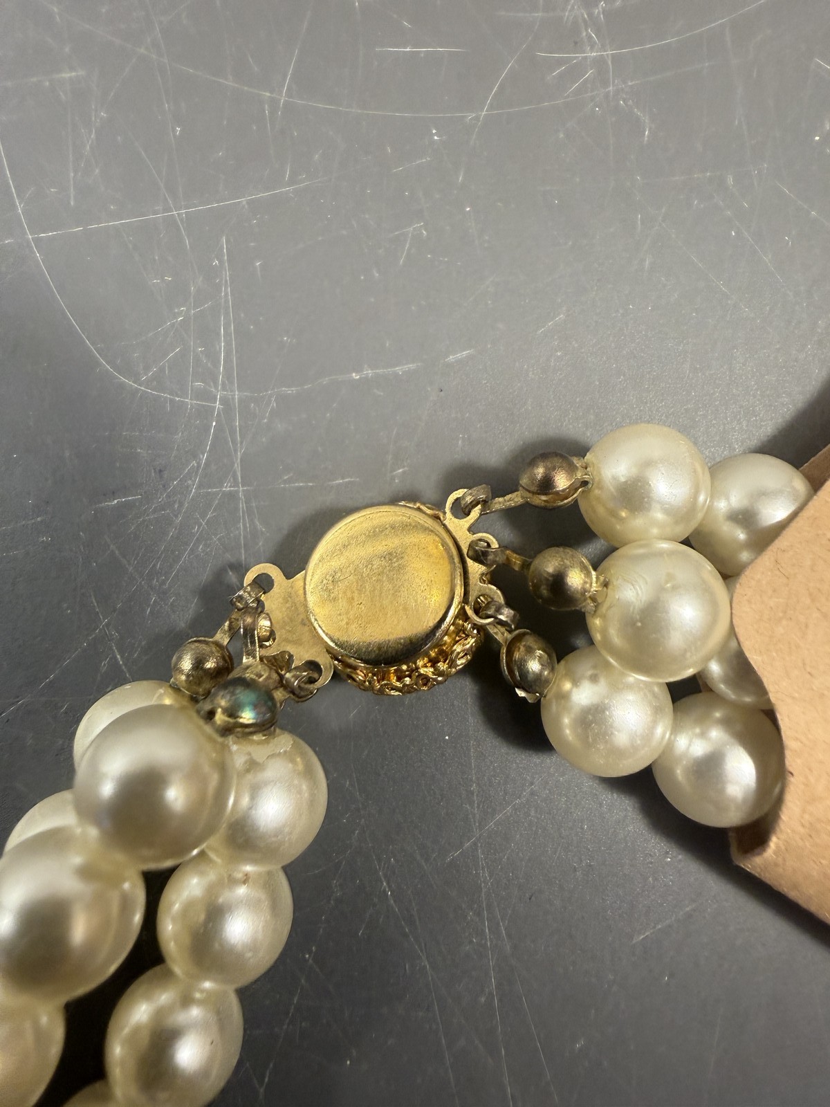 Vintage Triple Strand Faux Pearl Necklace Gold Tone Multi-Color Rhinestone