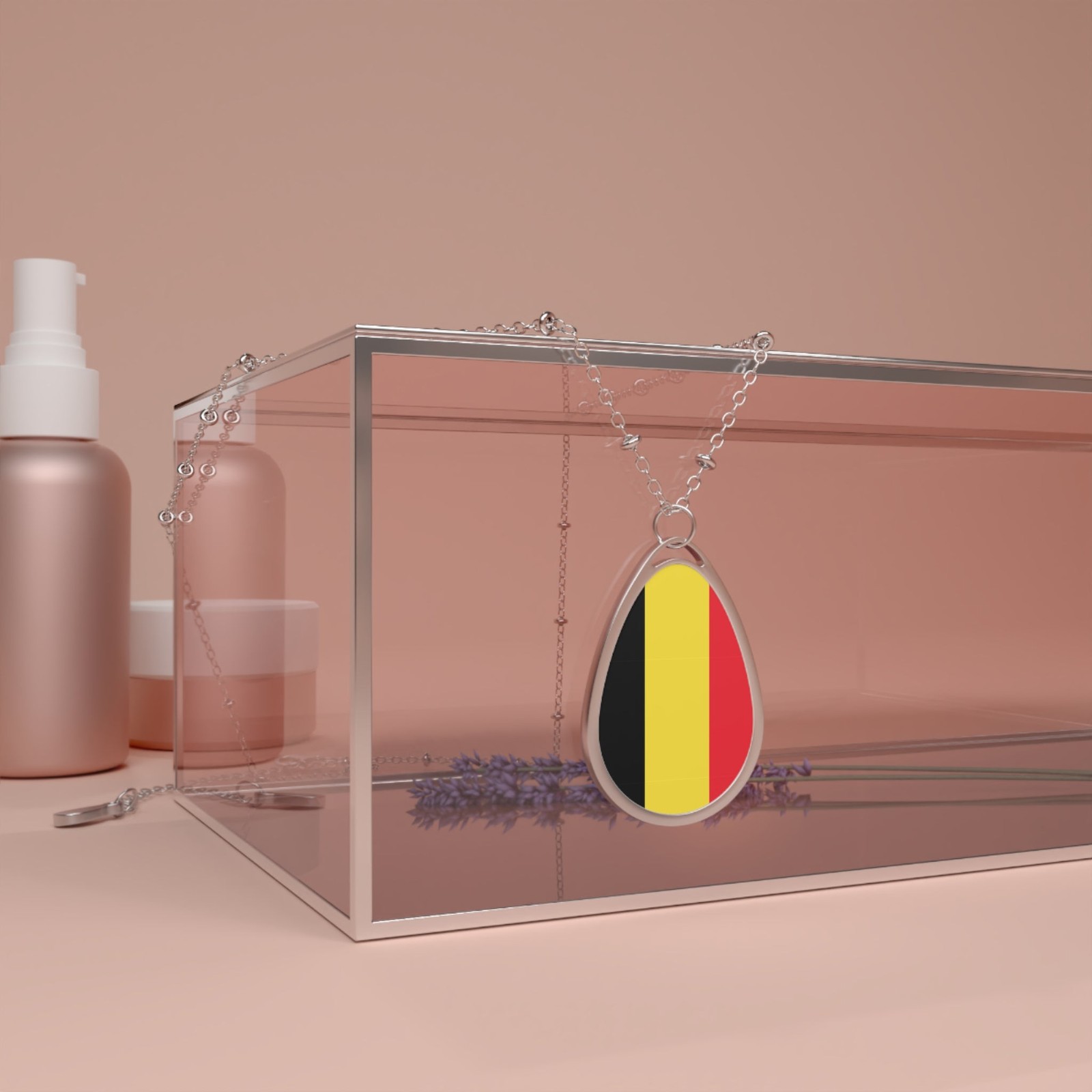 Belgium Flag Oval Necklace – Belgian Heritage Pendant – One Size / Silver