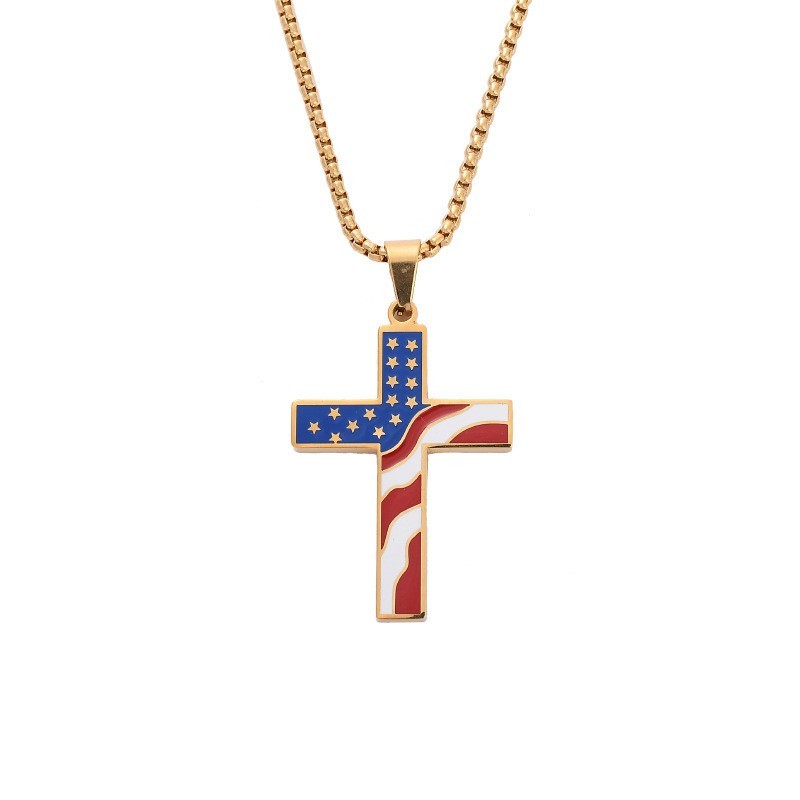 Stainless Steel Religious Christmas Enamel American Flag Cross Pendant Necklace