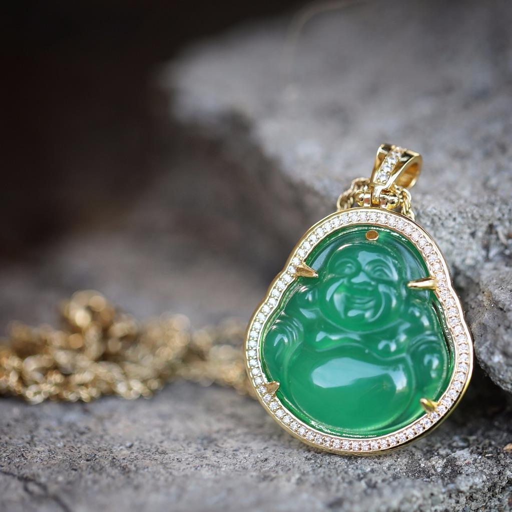 14K Gold Plated Green Jade Buddha Pendant Necklace With Lab Simulated Diamonds