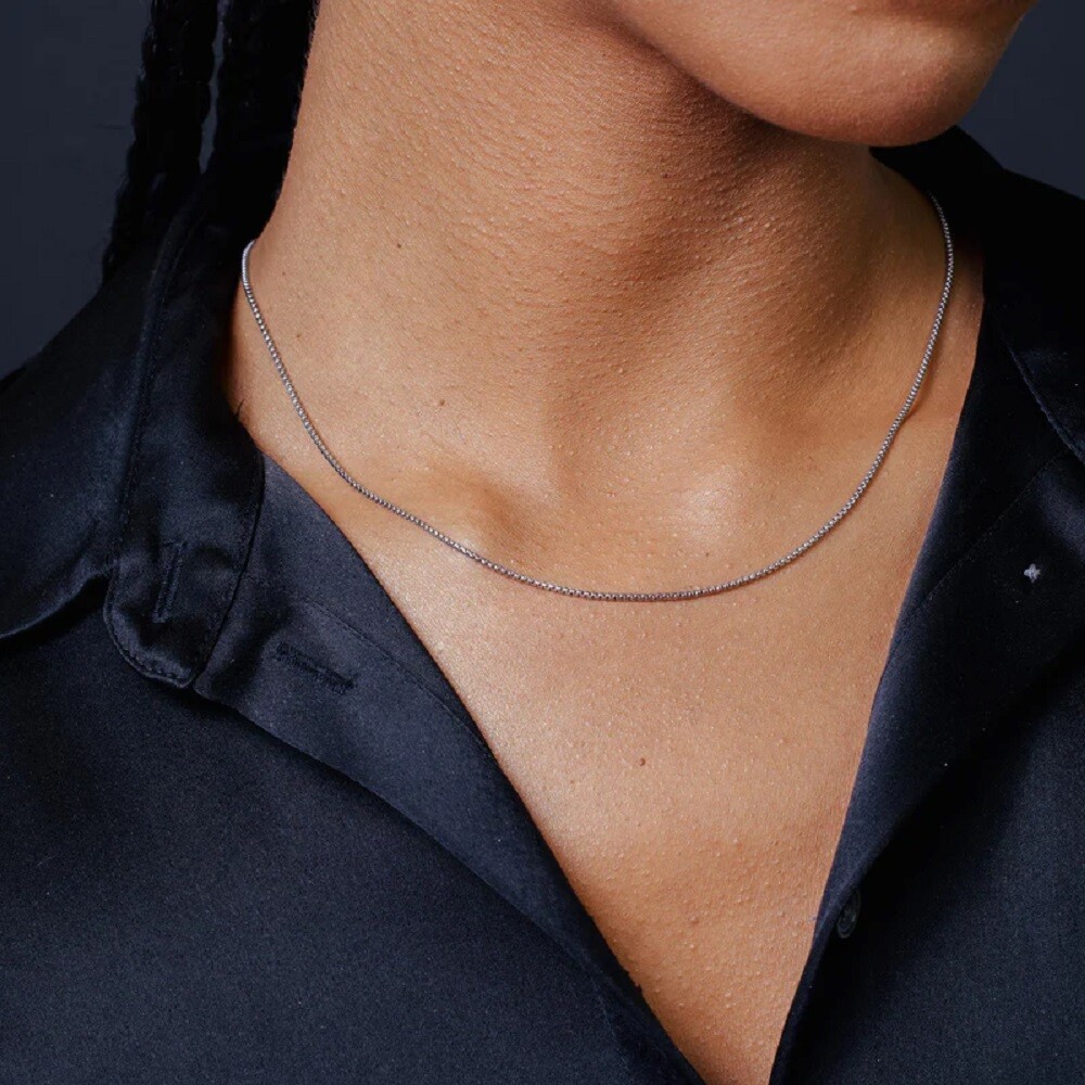 Sterling Silver Rhodium Finish Diamond Cut Slash 1.2mm ROUND BOX Chain Necklace