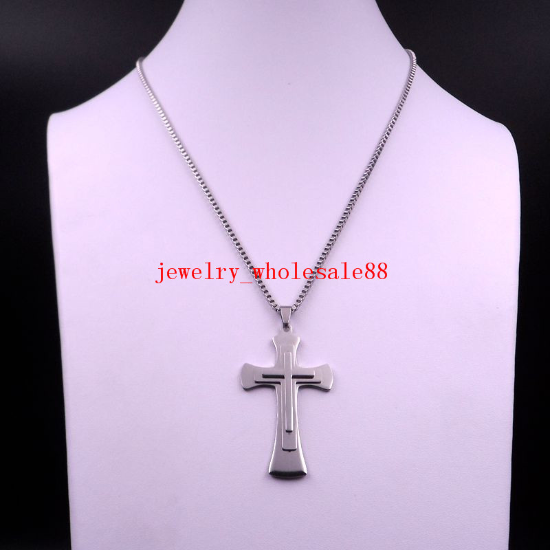 20”-32” Men’s Necklace Stainless steel Large Cross religious Pendant Jewelry