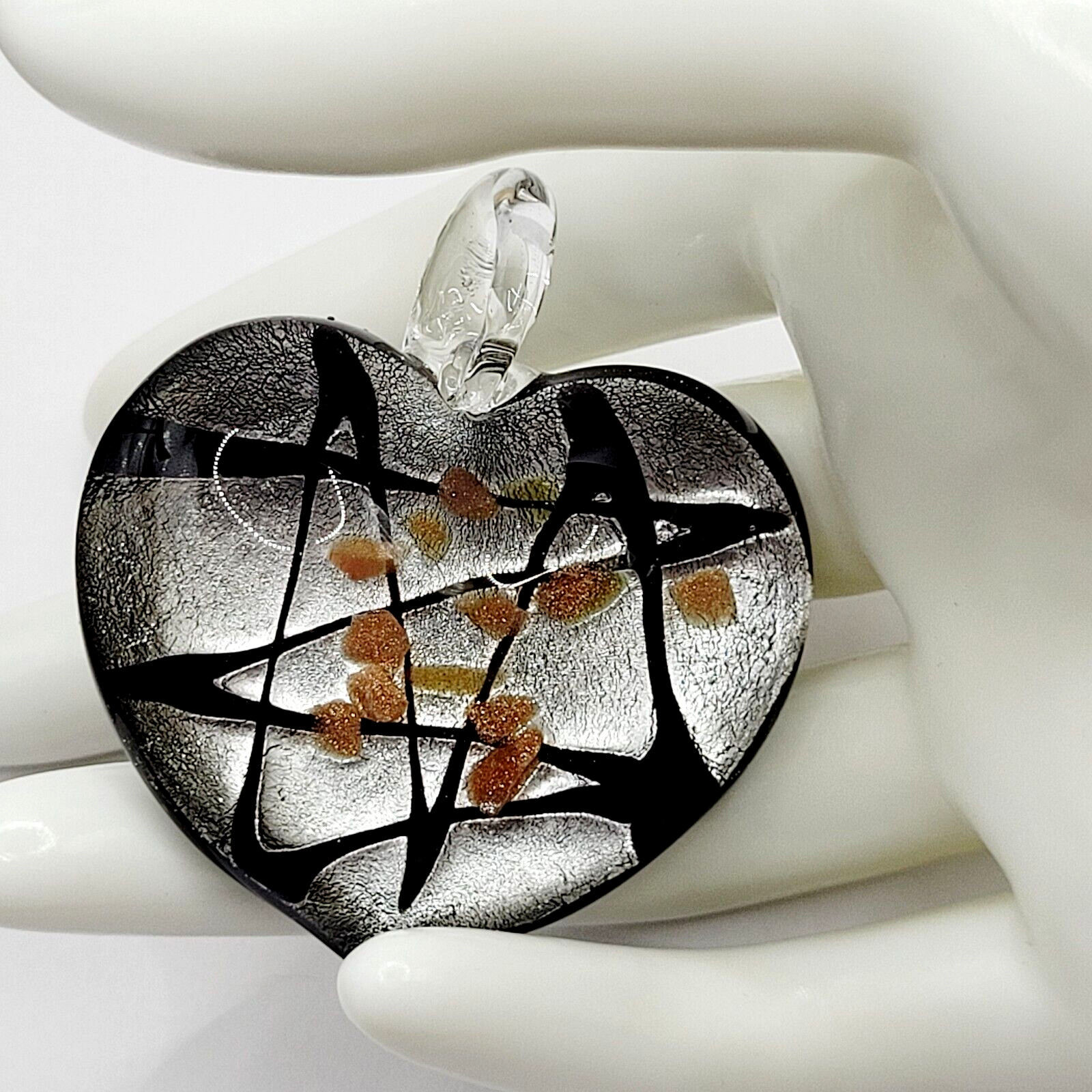 Artisan Modern Art Glass Heart Pendant Silver Black Gold Color Foiled Glitter