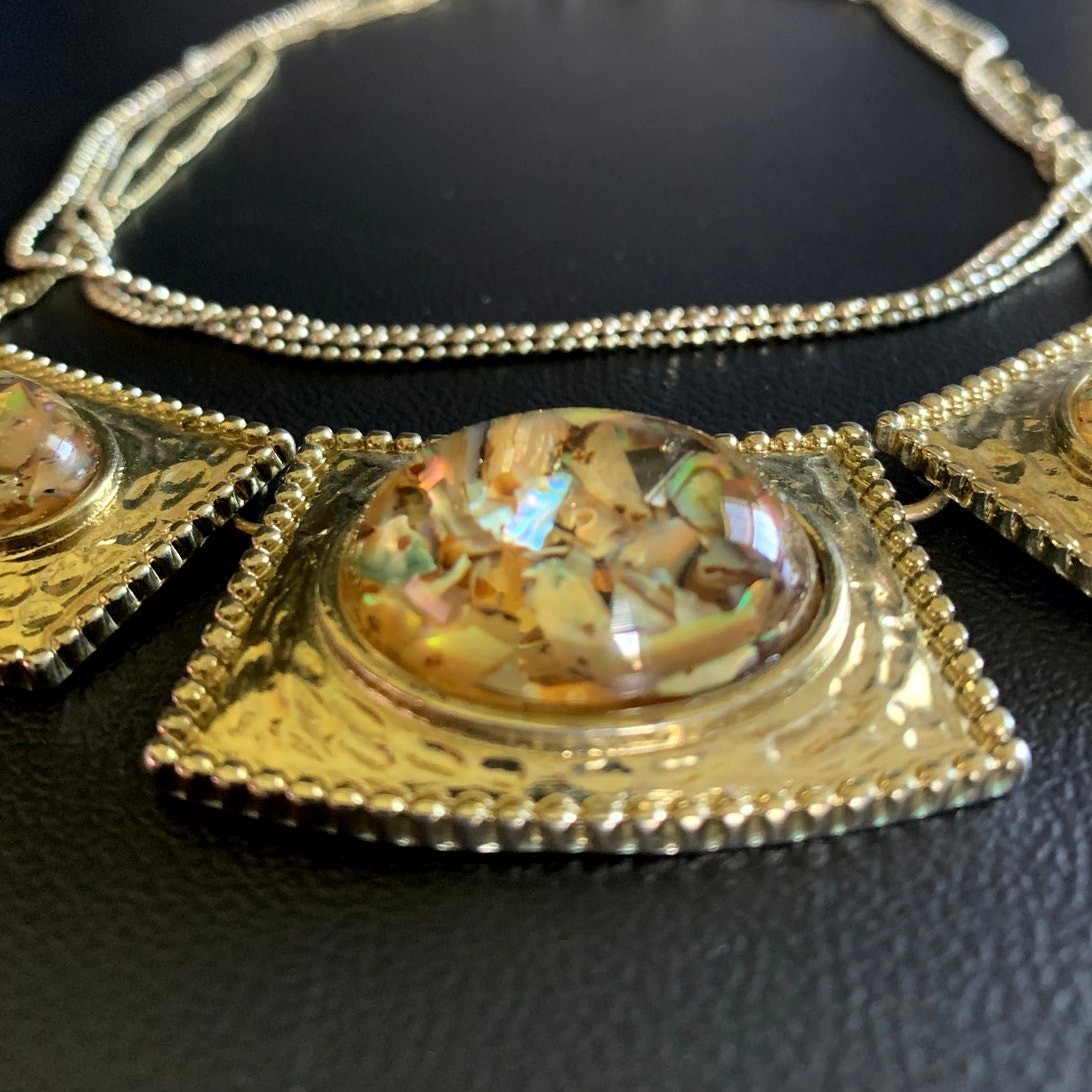 Gold Tone Multi Strand Necklace Abalone Confetti Shell Panel Statement