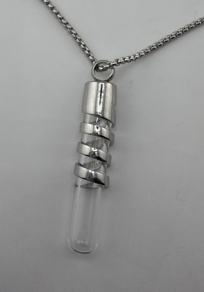Silver Glass Vial Necklace Tube Pendant 22″ Chain Keepsake Bottle Jewelry.