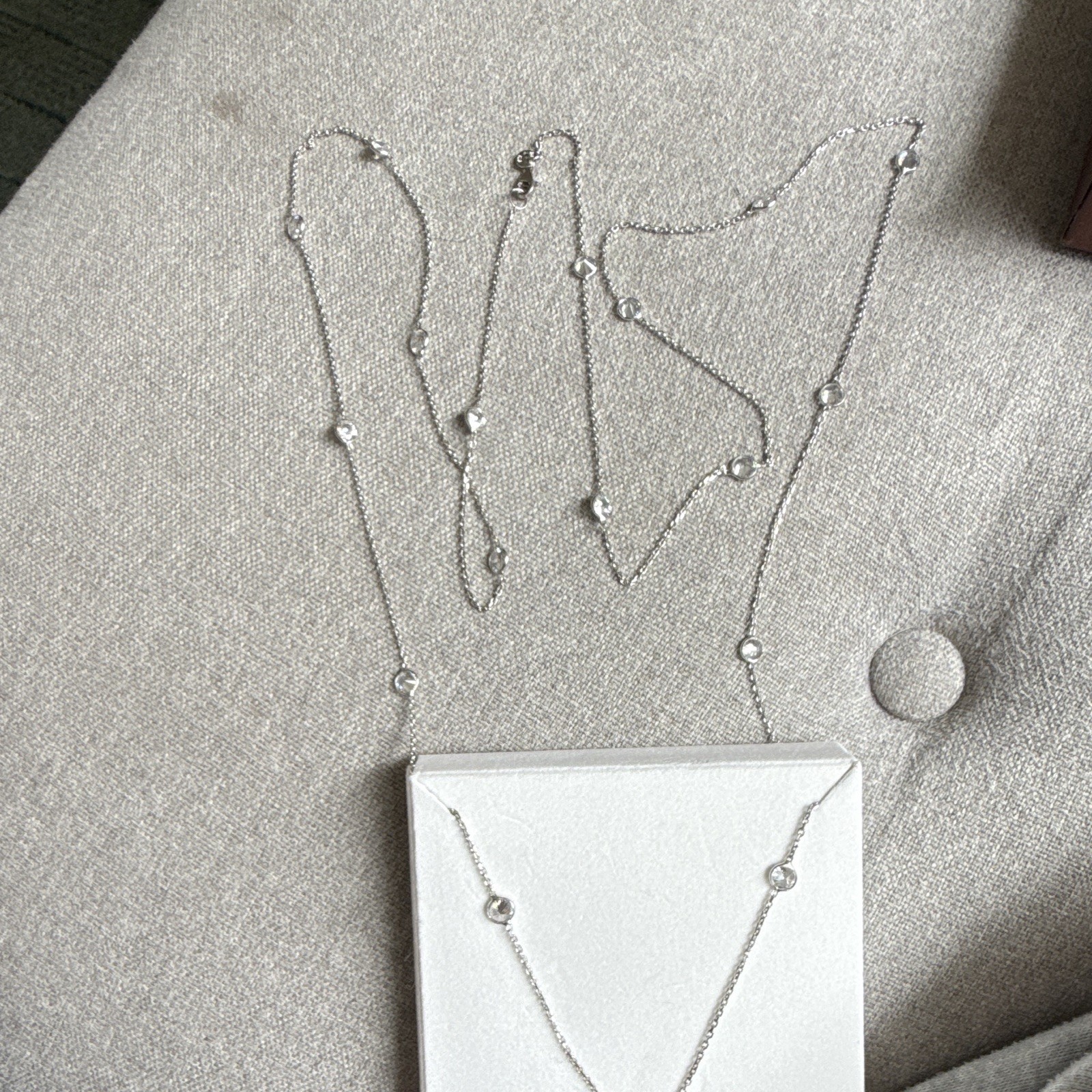 Jennifer Miller Signed 925 Sterling Silver CZ Station Necklace, Cable Chain