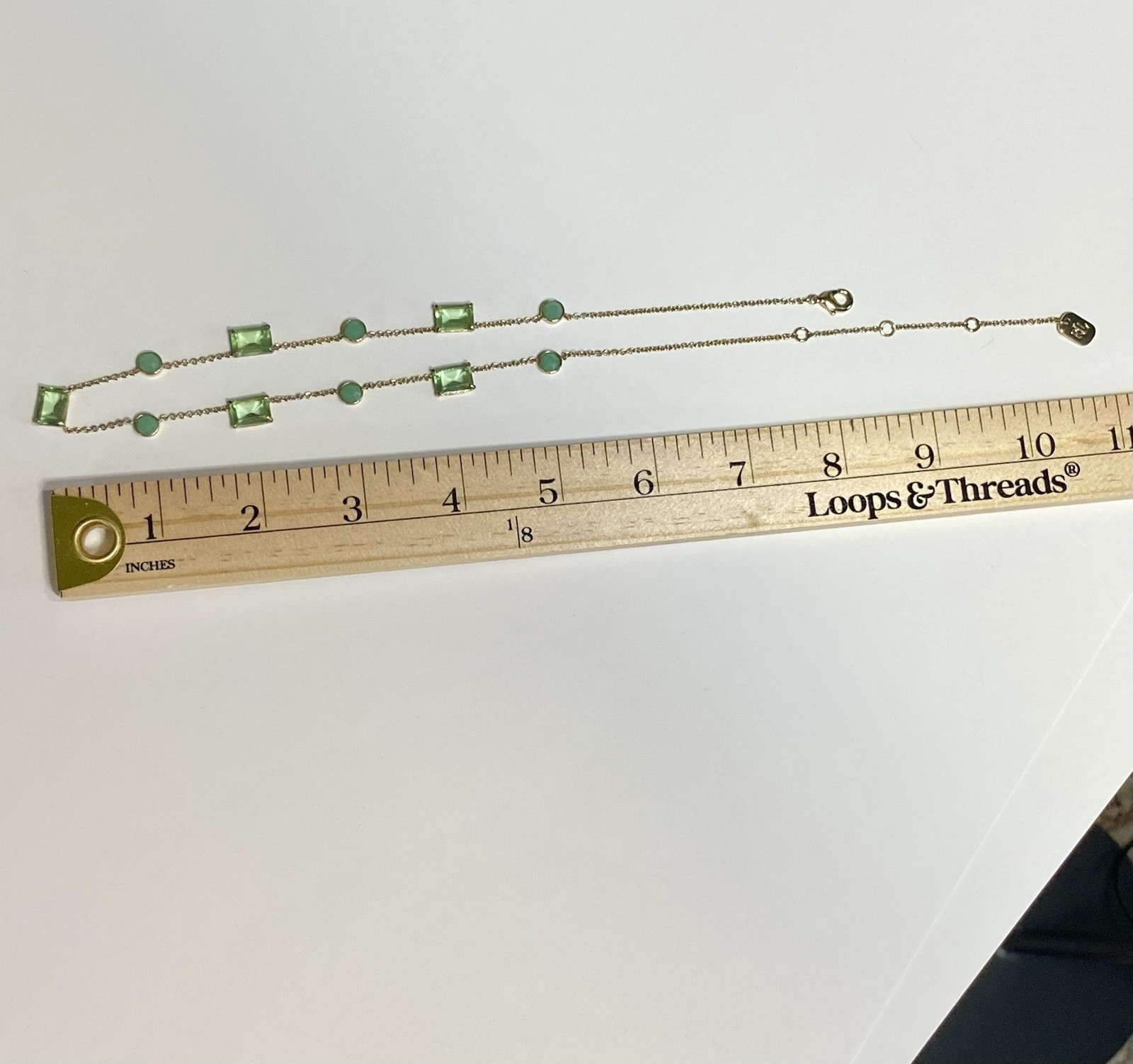 LRL Ralph Lauren Station Necklace Gold Tone With Green Emerald Cut Stones 16”