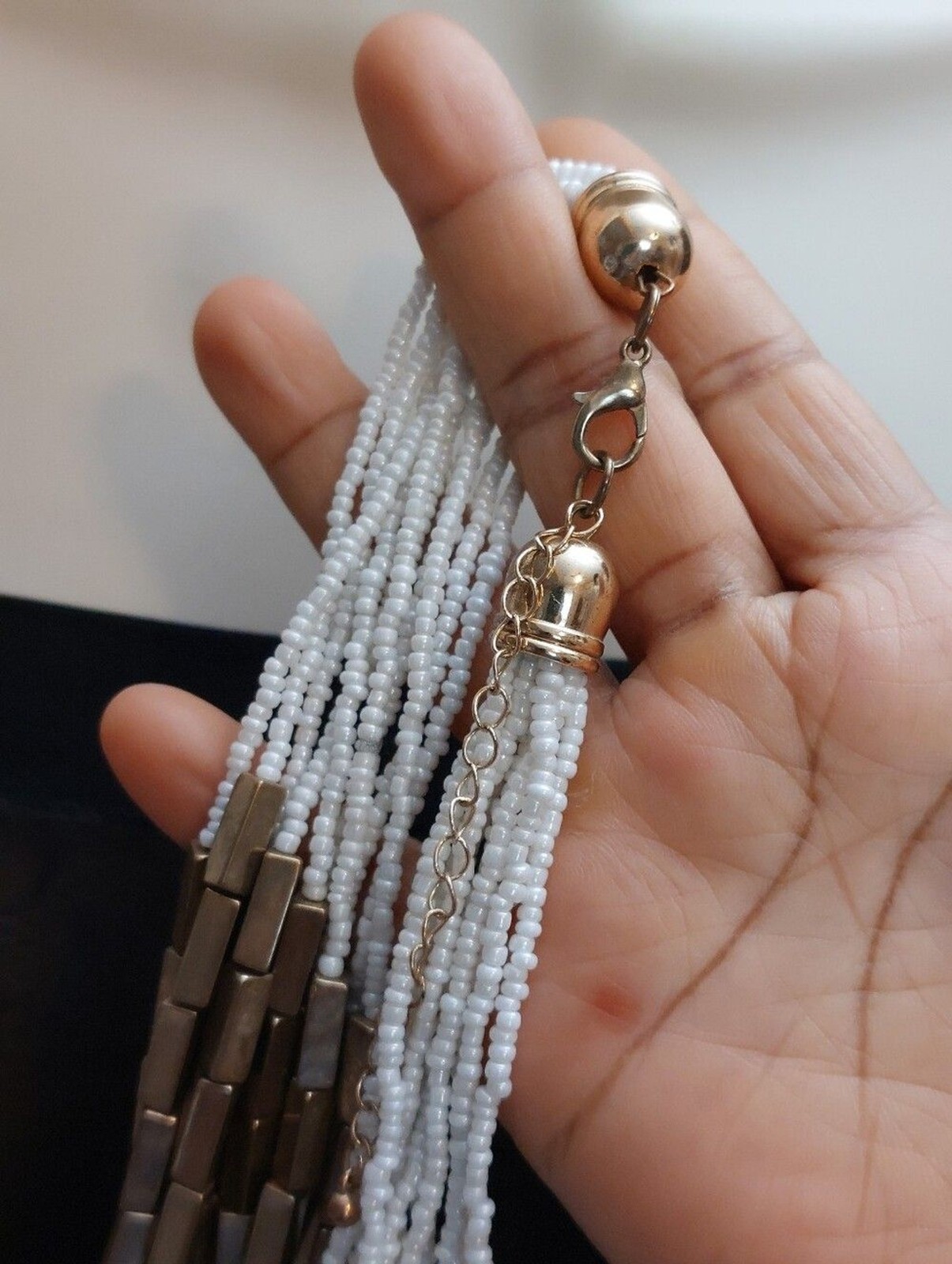 White Seed Beads And Gold Tone Bar Beads Cascading Layerers Multistrand Necklace
