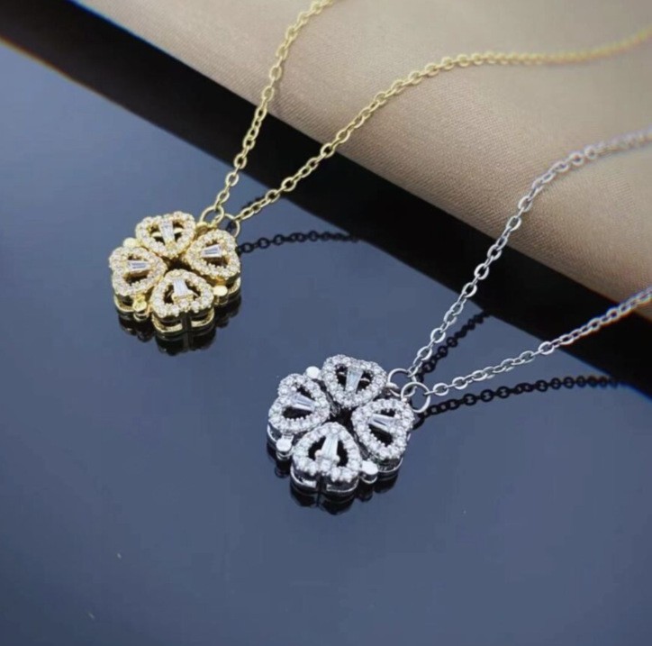 Magnetic Four Leaf Clover Heart Necklace Women’s Convertible Lucky Love Pendant