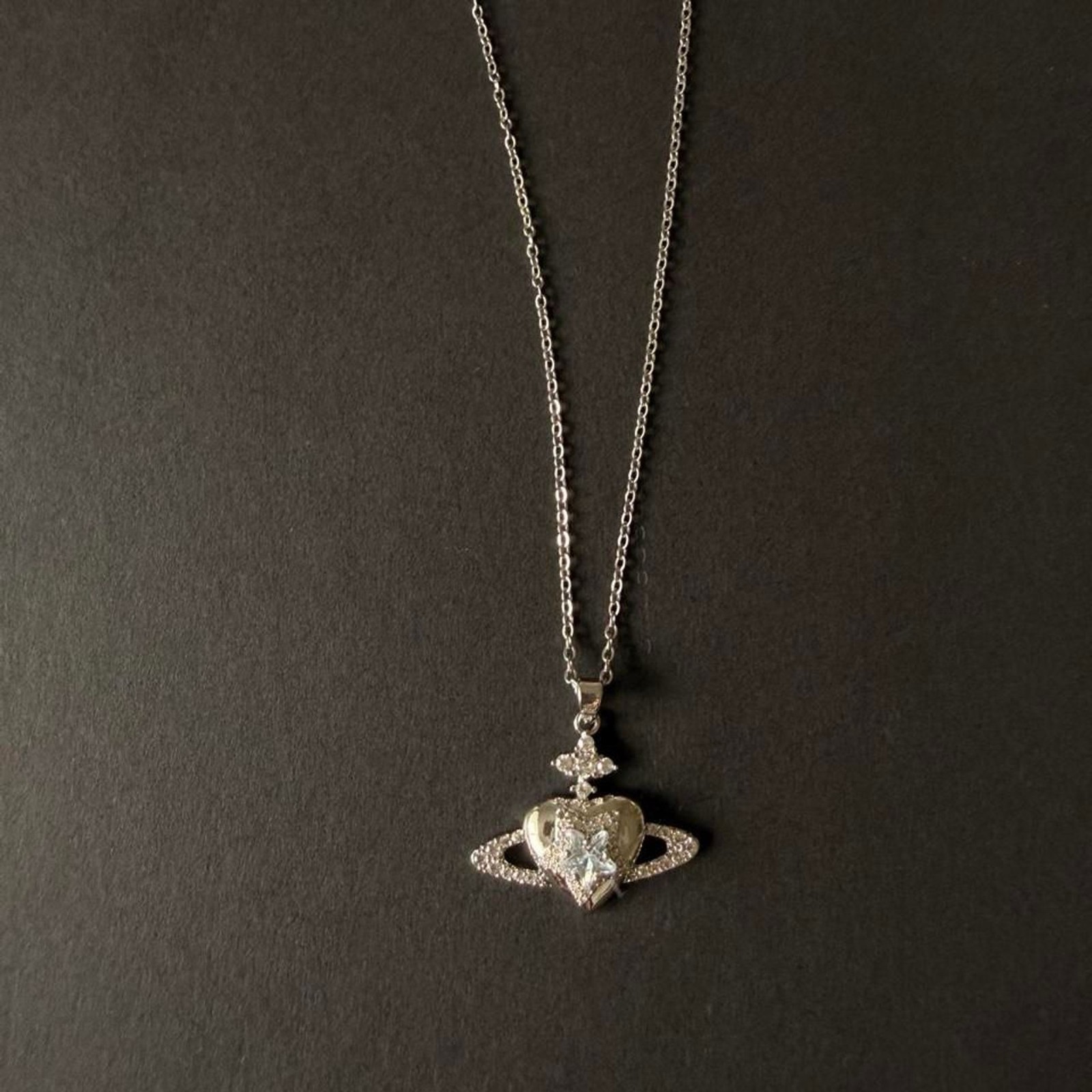 Sparkling Heart Saturn CZ Pendant Stainless Steel Necklace