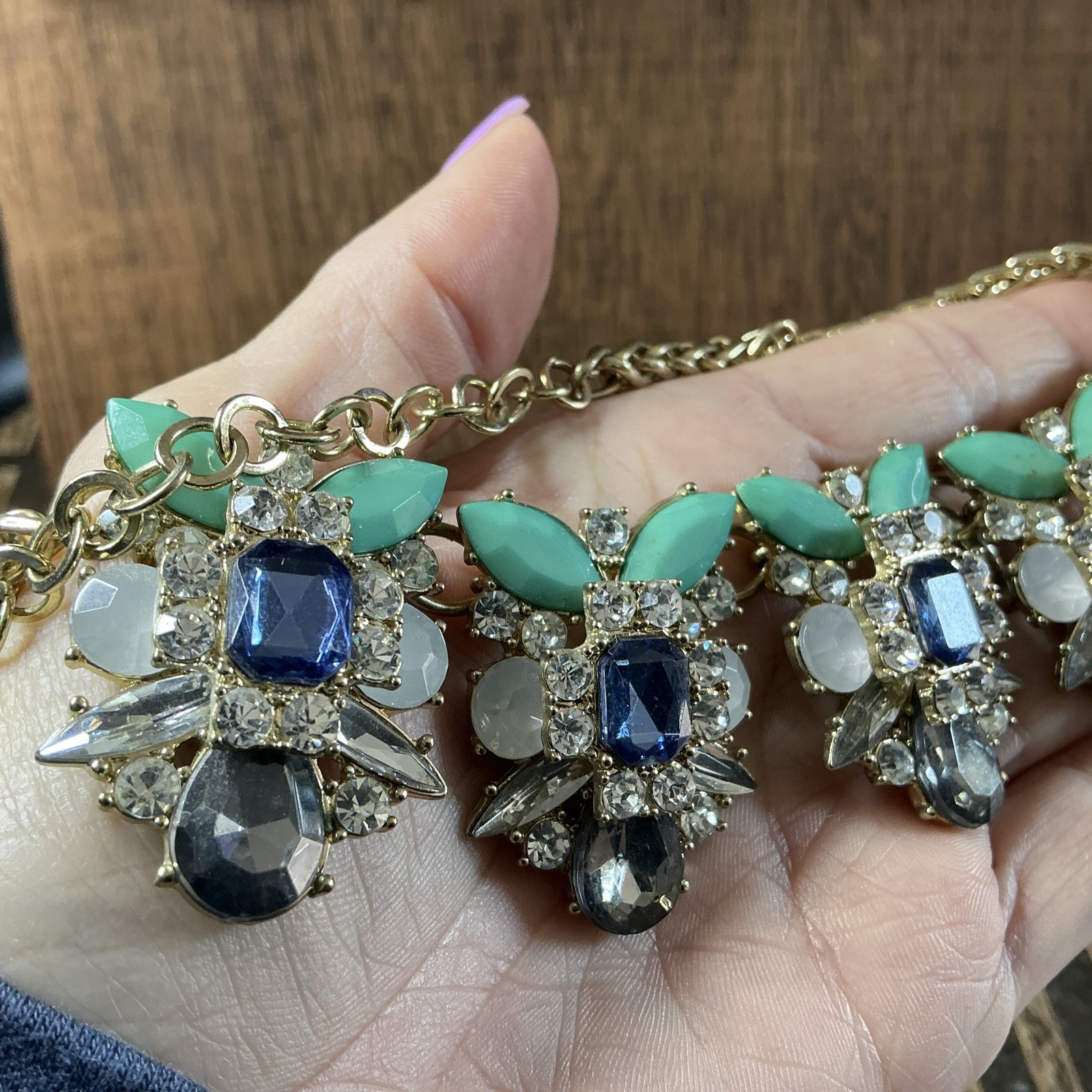 Gold Tone Blingy Statement Collar Necklace Crystal Accents Green Blue Clear