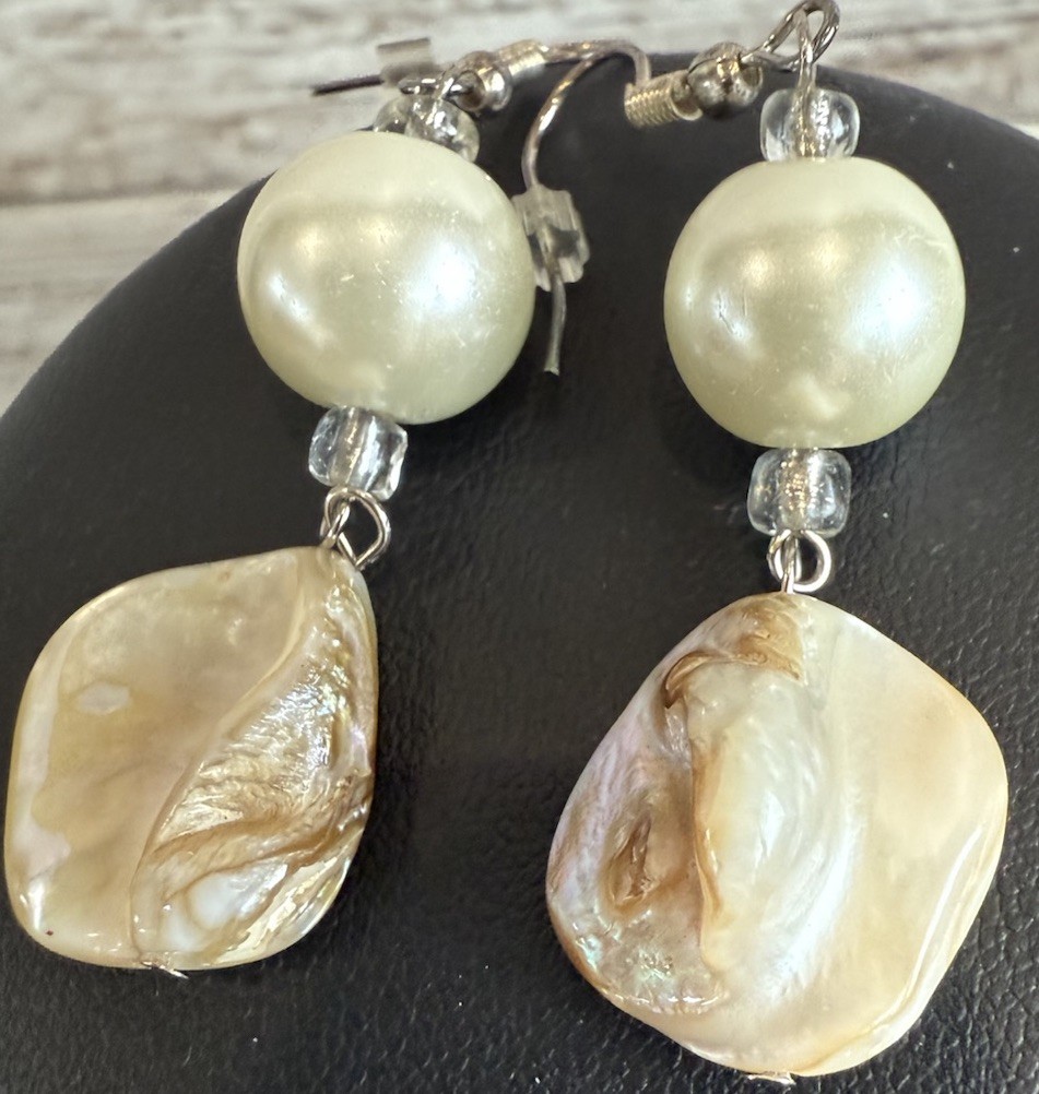 Fashion Layered Necklace & Earrings Abalone & Faux Pearl Silver Tone 54” Boho