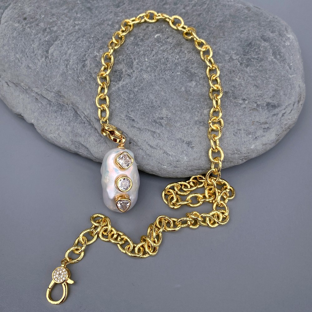18x32mm natural white reborn keshi pearl pendant gold plated chain necklace