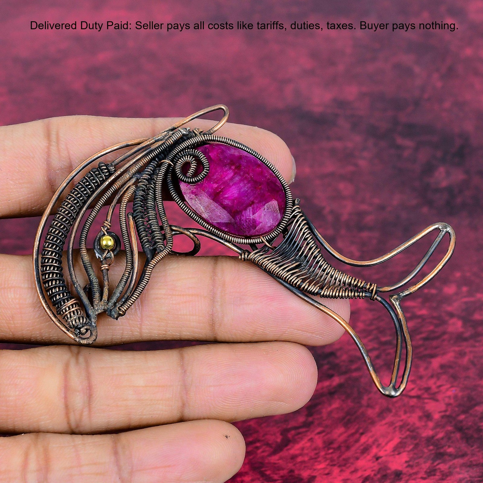 Kashmir Rubi Stone Copper Anniversary Graduation Wire Wrapped And Fish Pendant