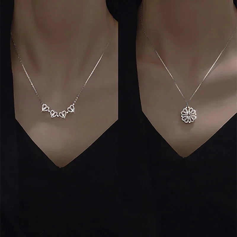 Four Leaf Clover Magnetic Folding Heart Crystal Pendant Necklace- Elegant