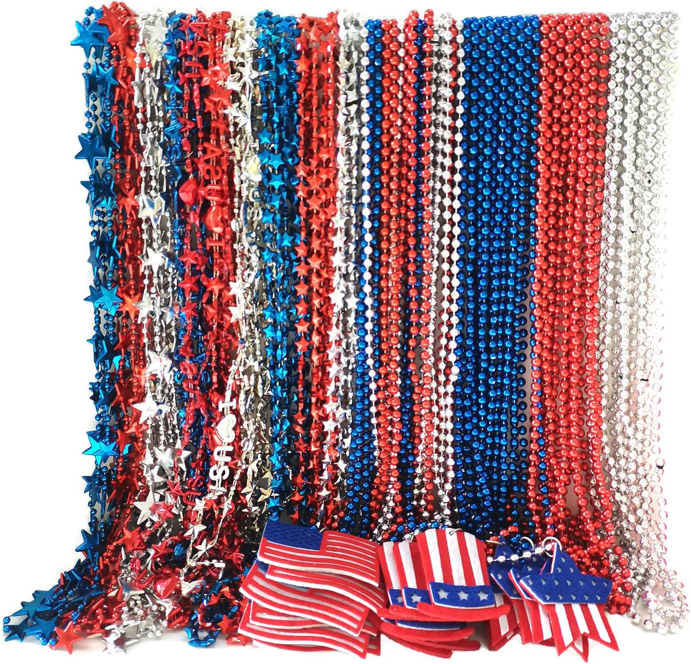 100 Pcs 4Th of July Bead Necklaces, Blue Red Silver Patriotic Beaded Necklaces P