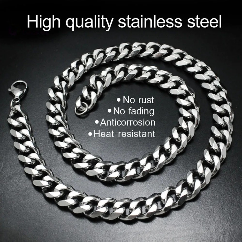 Stainless Steel Silver Cuban Link Chain Necklace Men Women Curb Heavy Choker Gif
