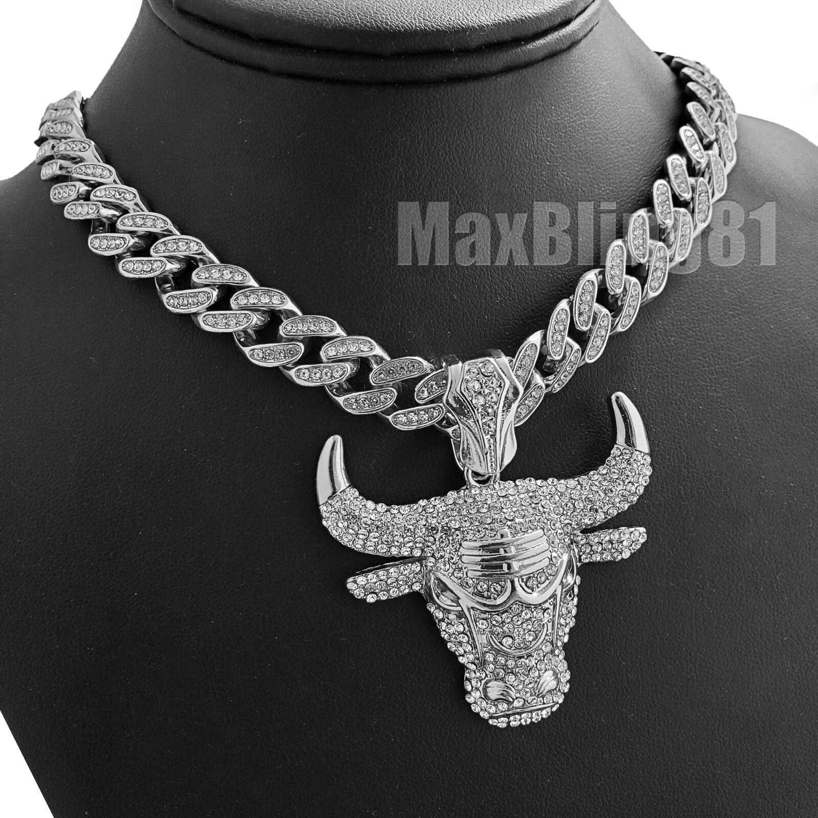 Icy Bulls Head Pendant & 13mm 16″ 18″ 20″ 24″ Iced Cuban Box Lock Chain Necklace