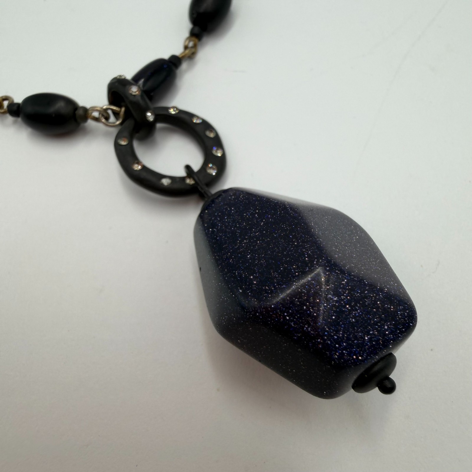 Vintage Black Beaded Pendant Necklace Gold Tone Toggle Clasp 1980s Style 45cm