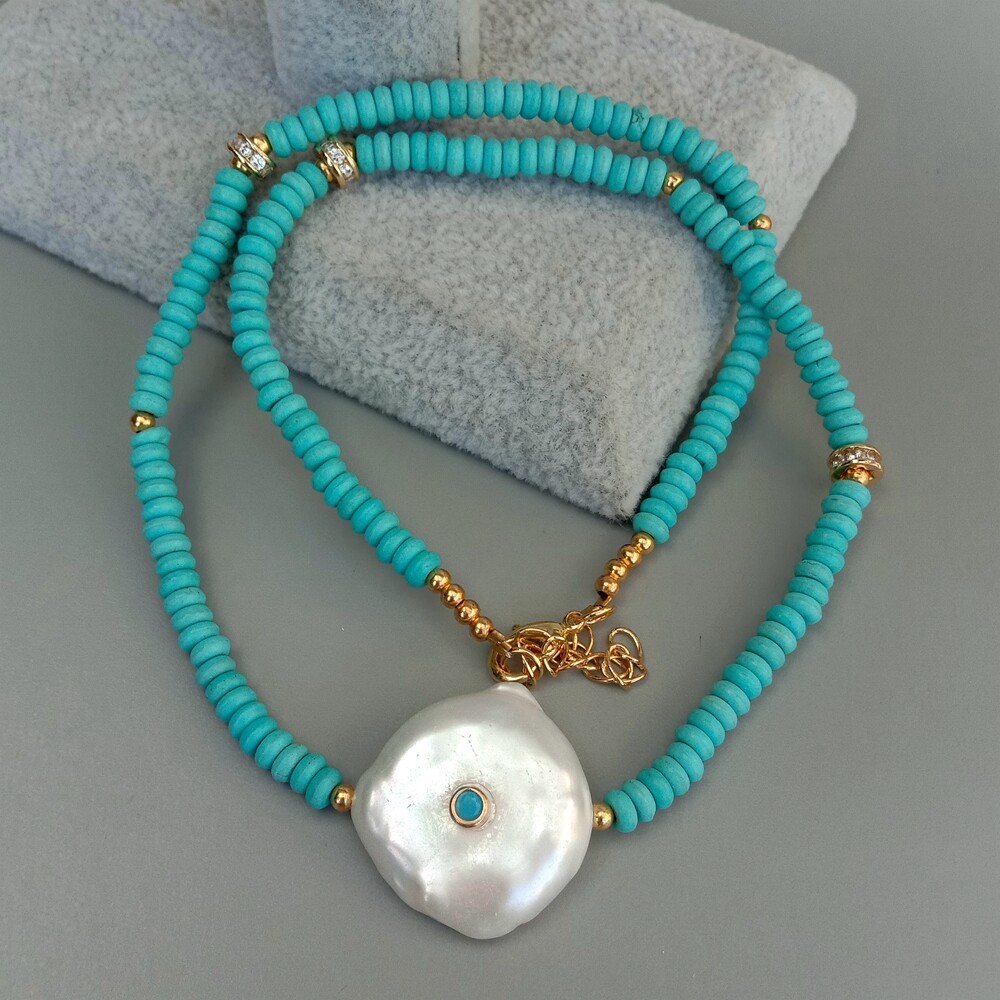 5mm Blue Turquoise Cultured White Coin Pearl Necklace Unique Choker Necklace