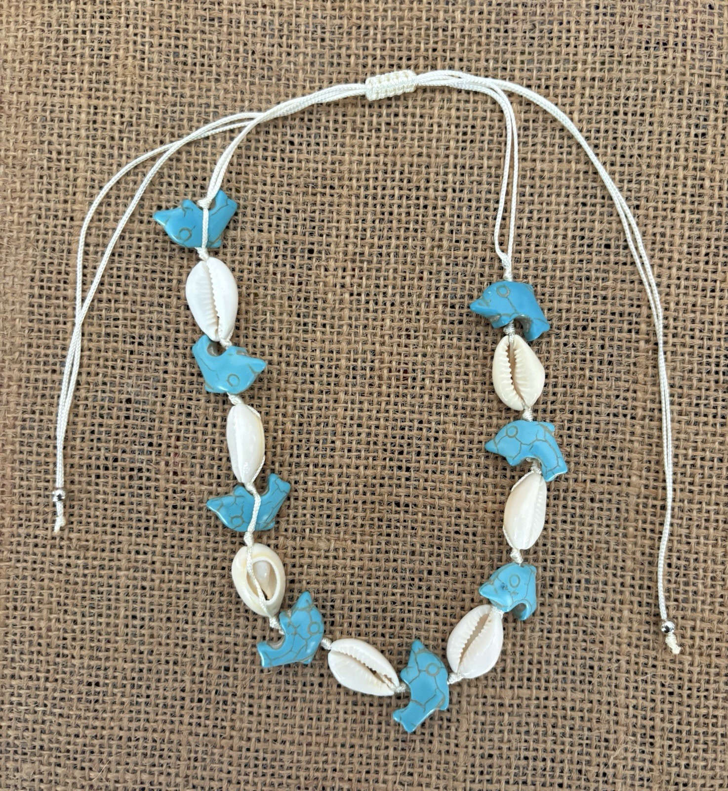 Blue White Shell Beaded Choker Necklace Cord Beach Theme Adjustable Tie
