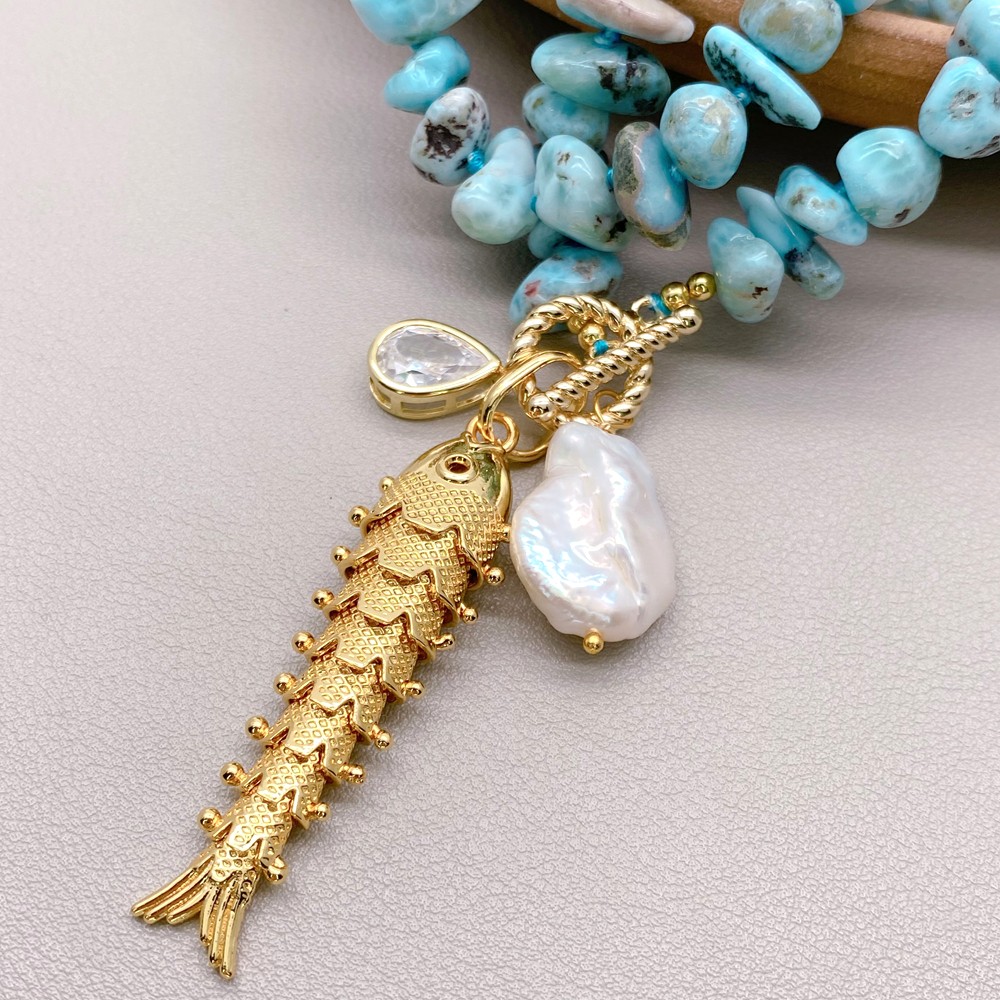 Blue Larimar Strand Necklace White Coin Pearl Fish Pendant Bohemia Jewelry
