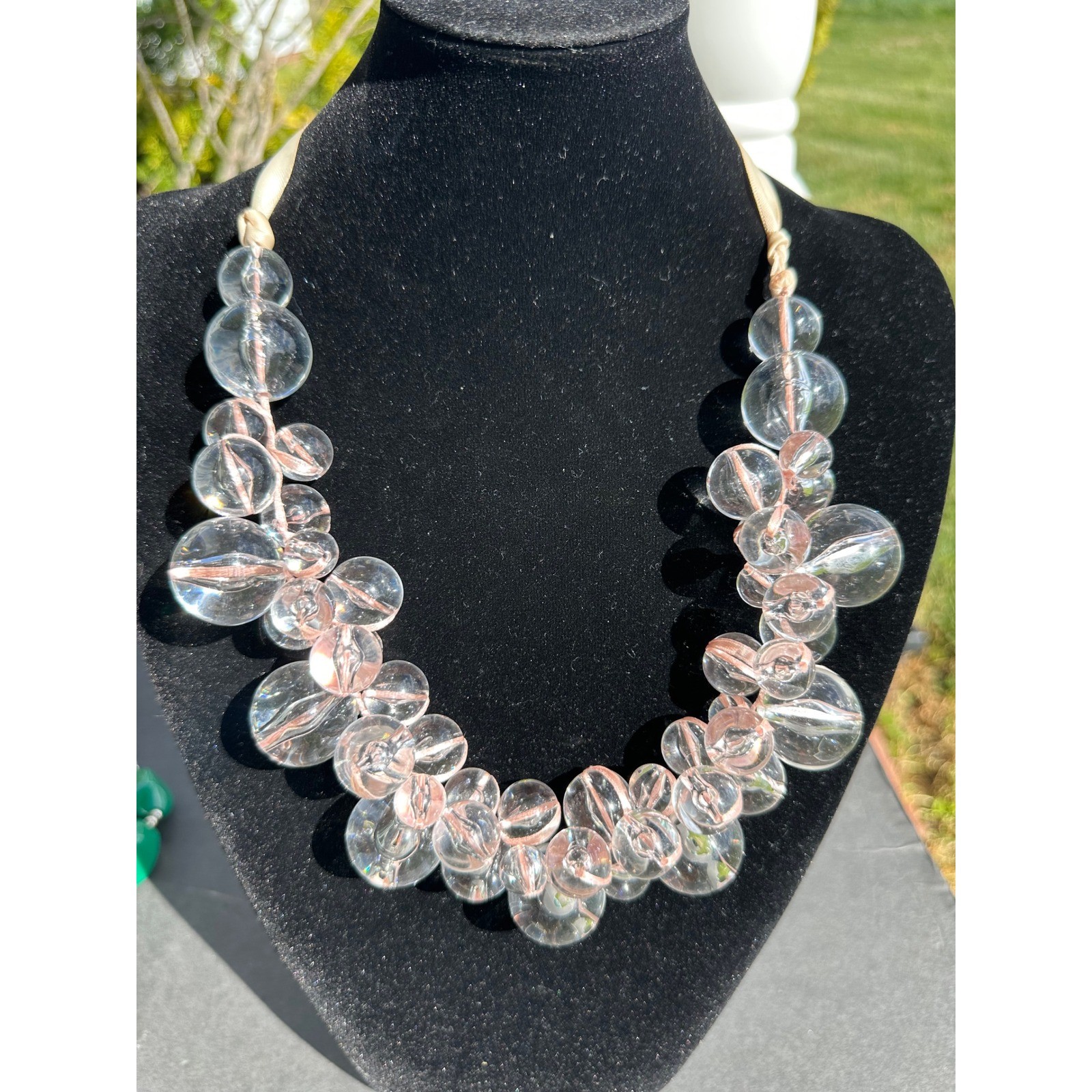 Avenue Women Clear Pink Bubble Bead Statement Necklace Ribbon Strap Gold Tone