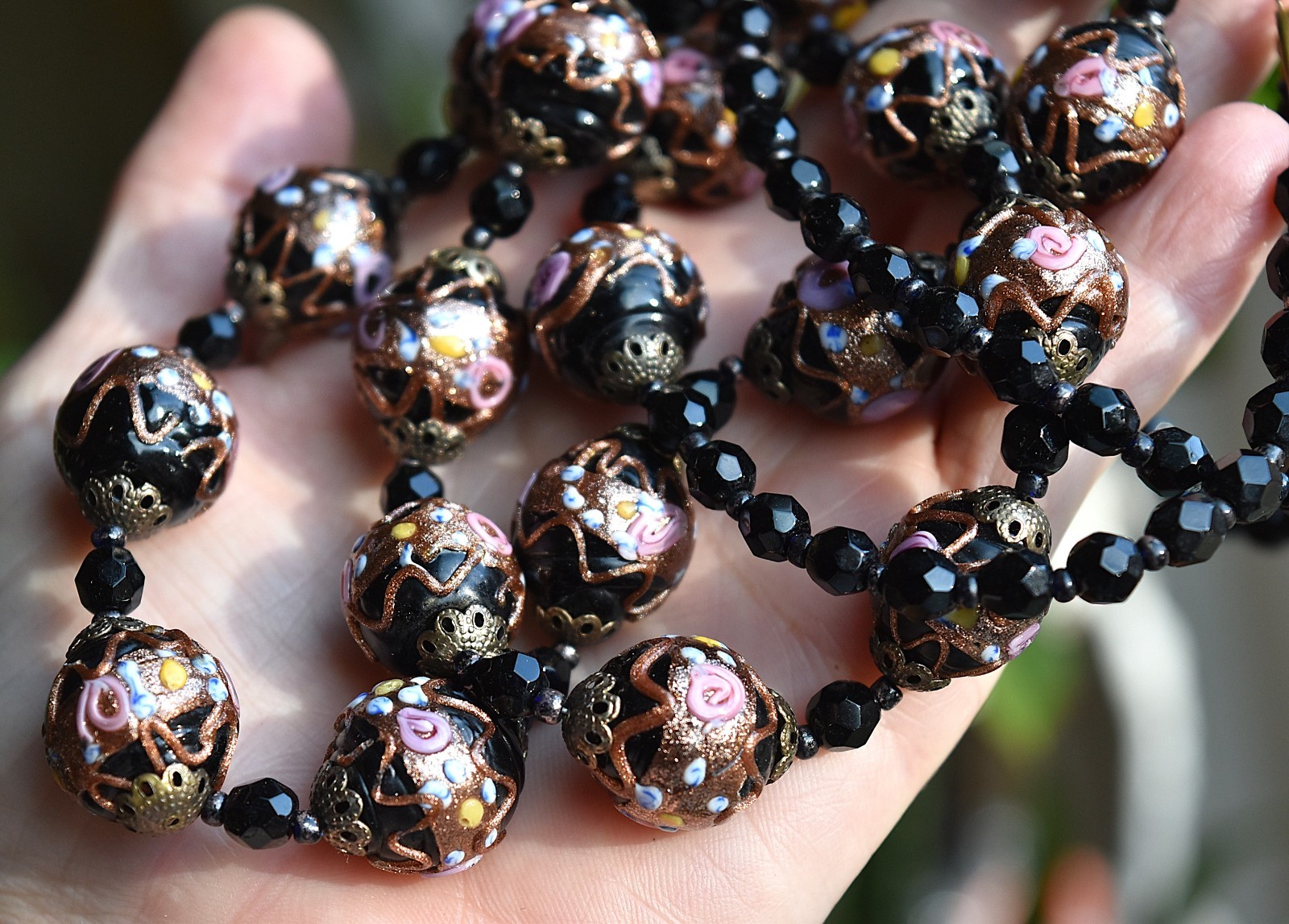 Vtg 2 Strand Venetian Murano Black Wedding Cake Glass Beaded Necklace Earrings