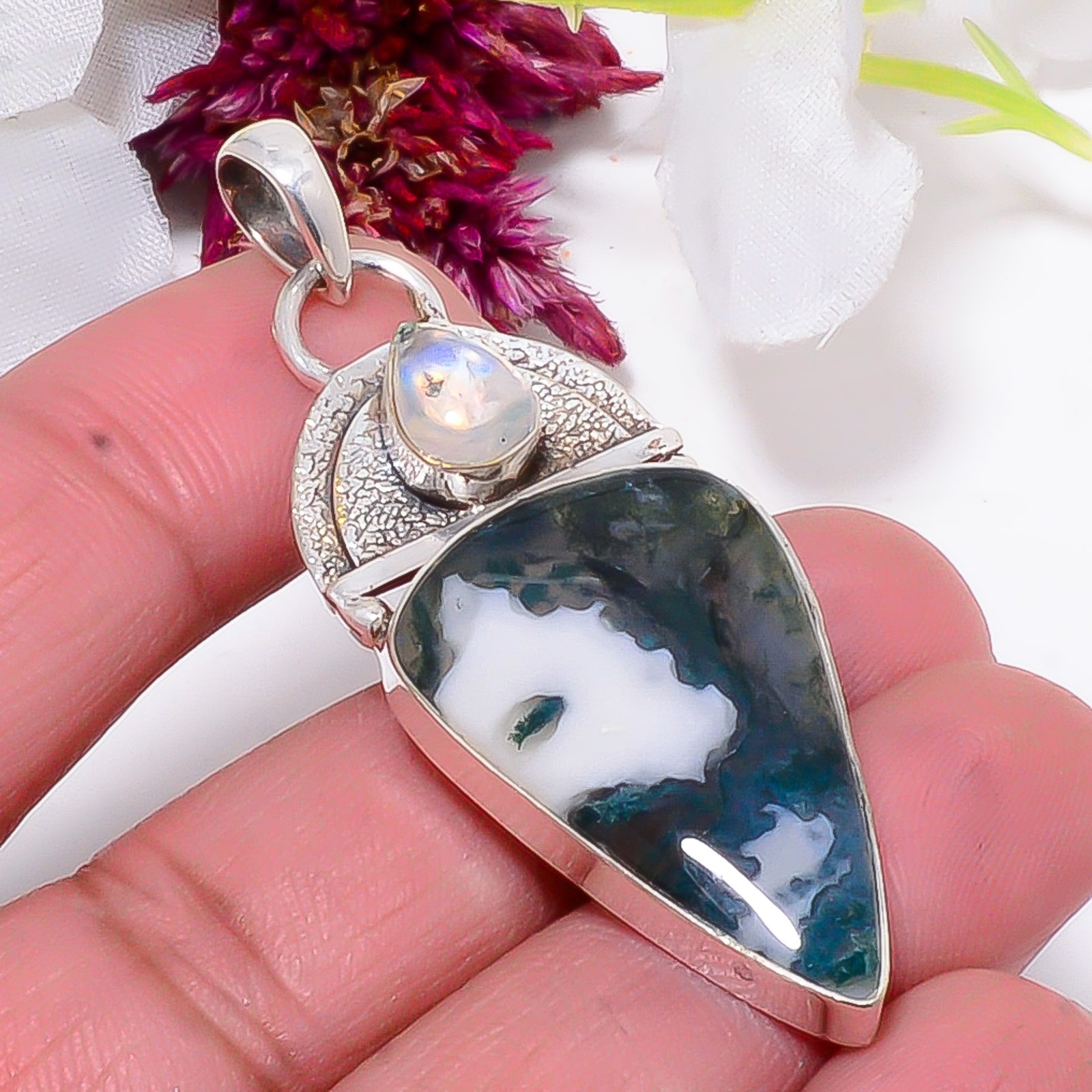 Moss Agate – India & Rainbow Moonstone 925 Sterling Silver Pendant 2.34″ Sku24